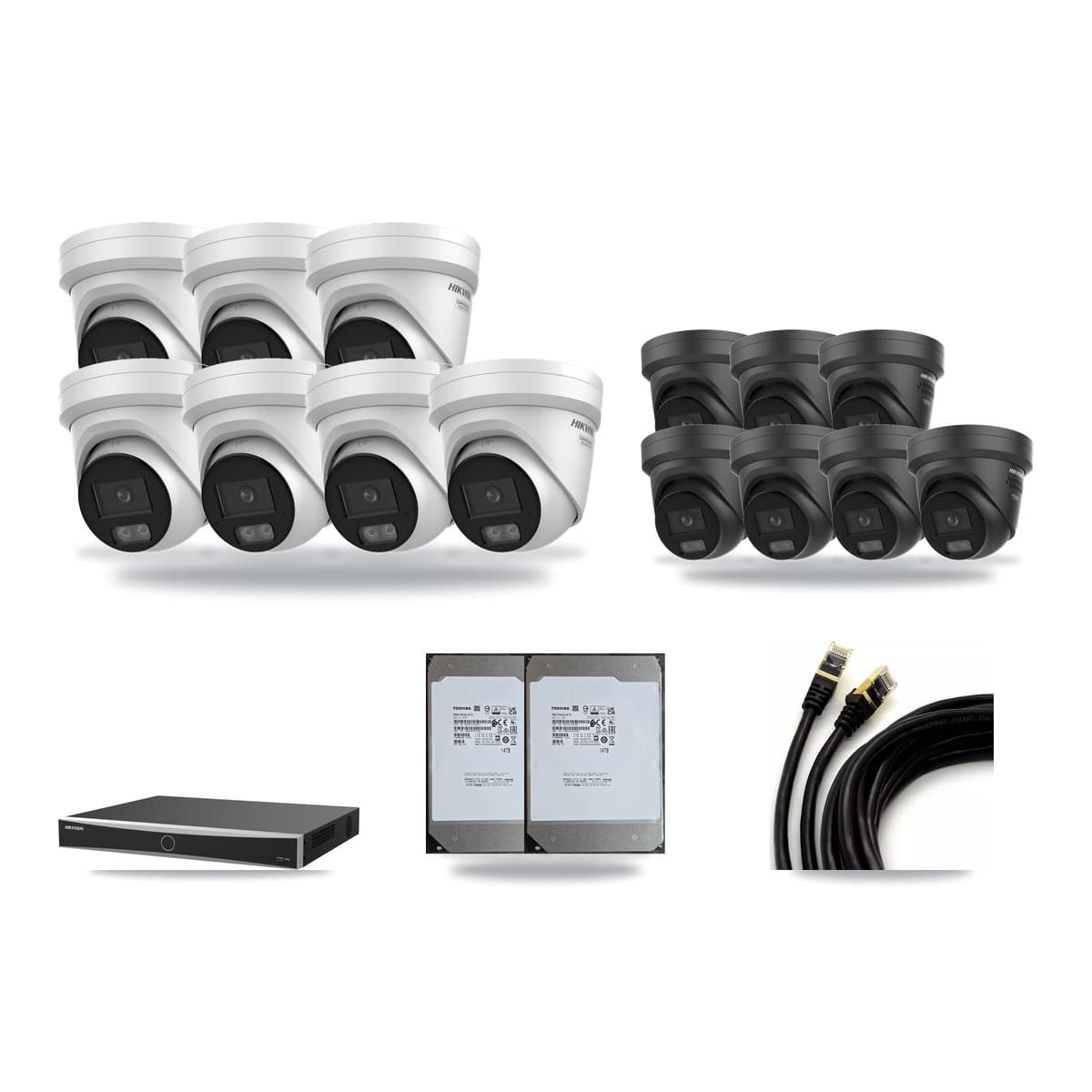Hikvision 16-Channel 4K CCTV Kit — 7 + 7 Black Turret Cameras + 2× 14TB Recording - Image 1