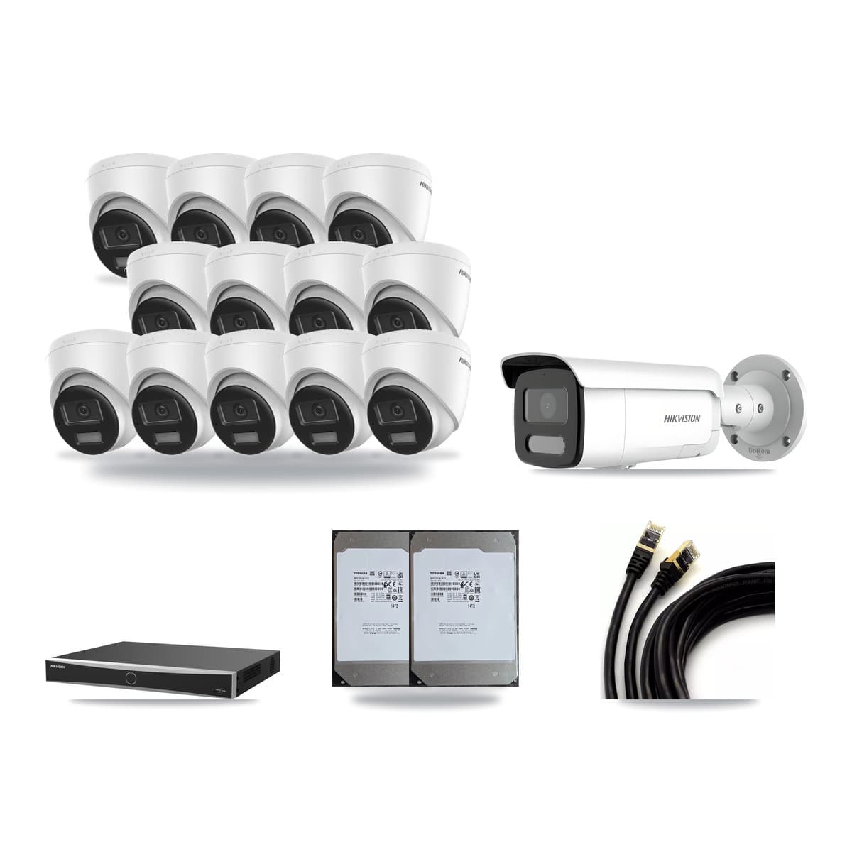 Hikvision 16-Channel 4MP – 4K CCTV Kit — 13 DS-2CD1383G2-LIU 4K Turret + 1 DS-2CD2T47G2H-LISU/SL 4MP Bullet Cameras + 2× 14TB Recording (DS-7616NXI-K2/16P(E) Recorder) - Image 1
