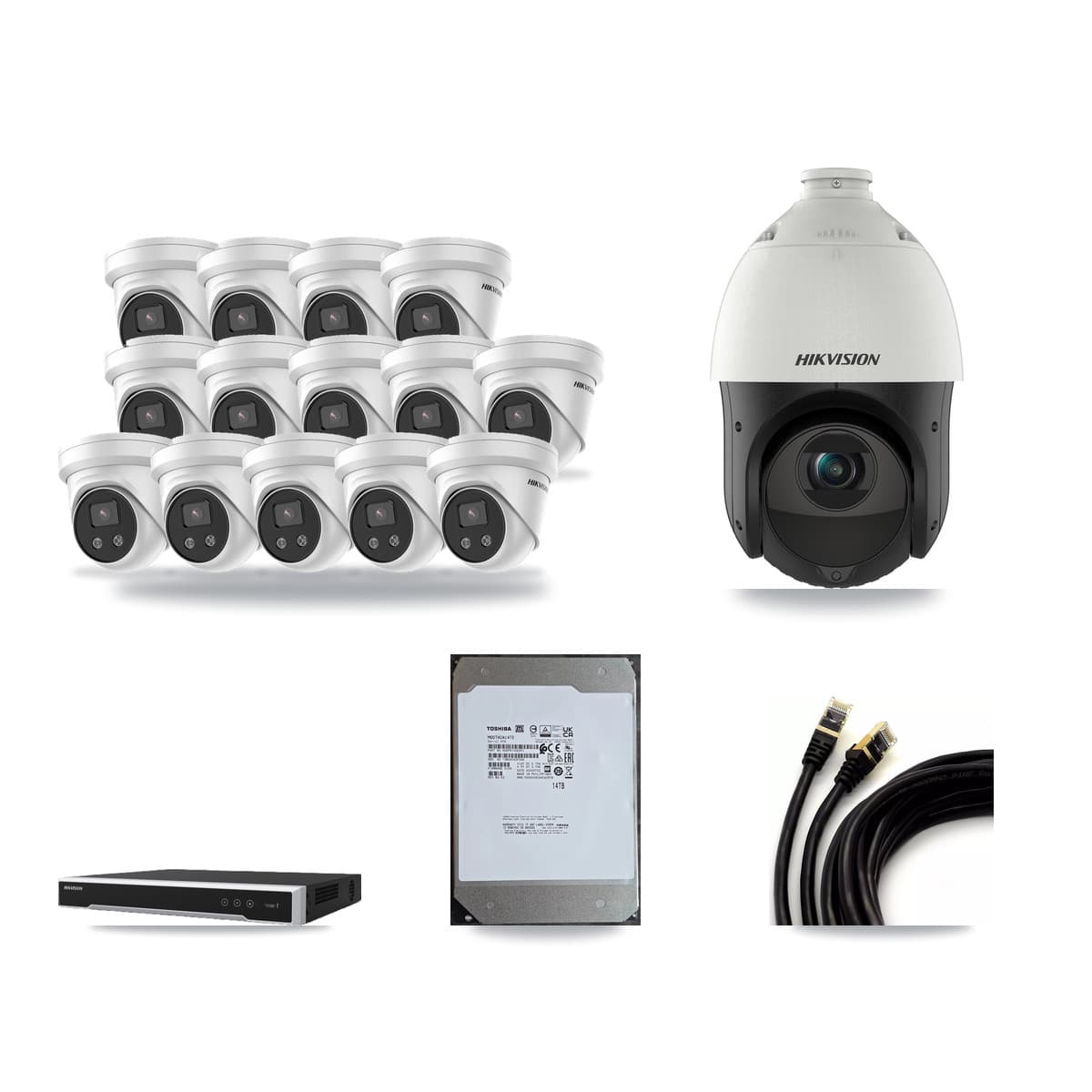 Hikvision 16-Channel 4MP – 5MP CCTV Kit — 14 5MP Turret + 1 4MP PTZ Cameras + 14TB Recording (DS-7616NI-M2 Recorder) - Image 1