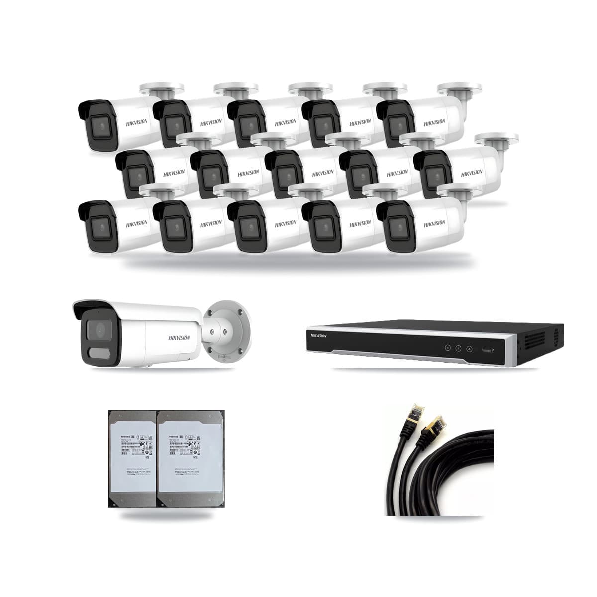 Hikvision 16-Channel 4MP – 4K CCTV Kit — 15 4K + 1 4MP Bullet Cameras + 2× 14TB Recording (DS-7616NI-M2 Recorder) - Image 1