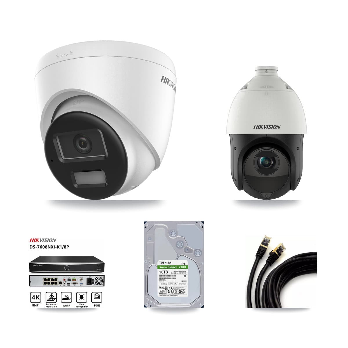 Hikvision 8-Channel 4MP – 4K CCTV Kit — 3 4K Turret + 1 4MP PTZ Cameras + 10TB Recording