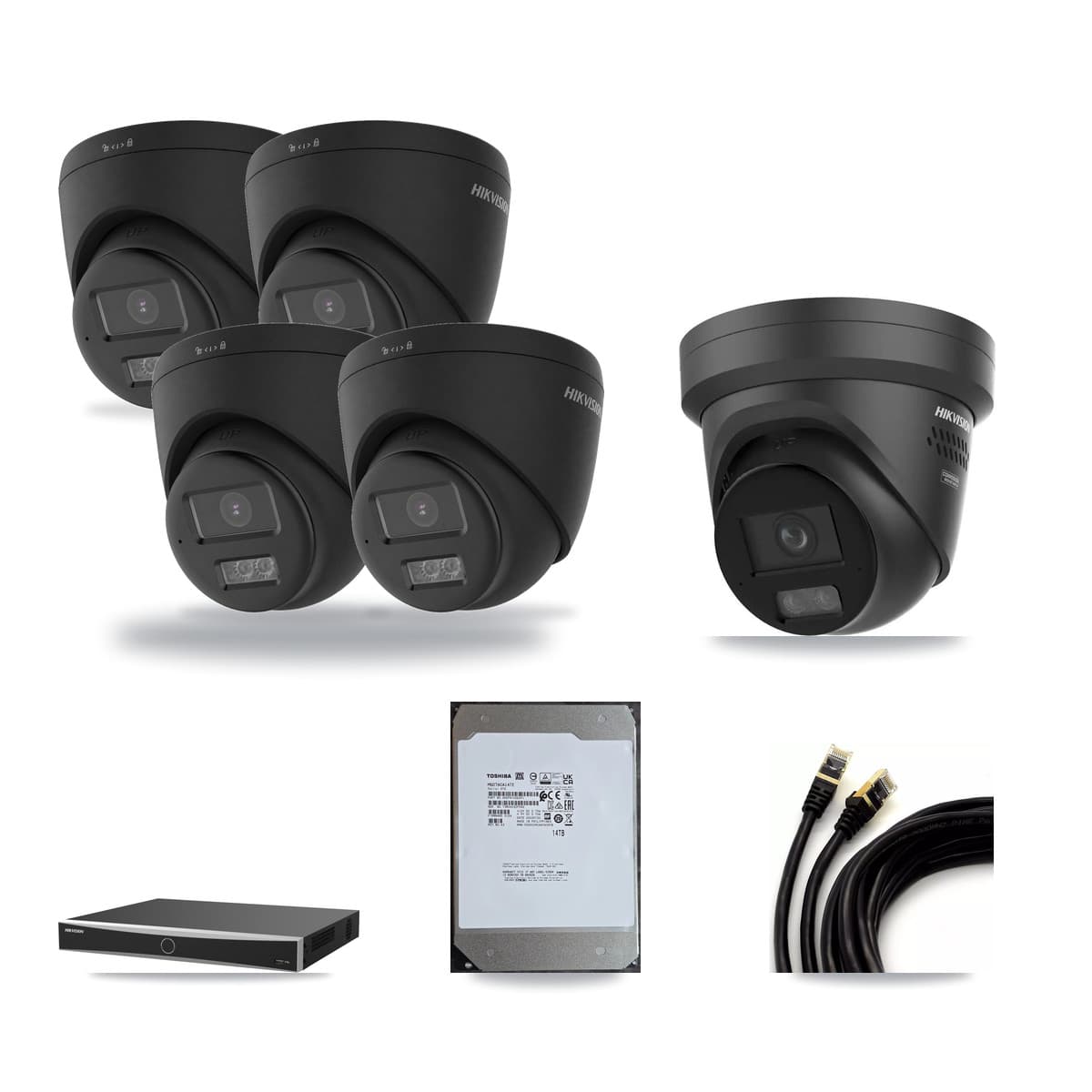 Hikvision 16-Channel 4K CCTV Kit — 4 Black DS-2CD1383G2 + 1 Black DS-2CD2387G3 Turret Cameras + 14TB Recording - Image 1