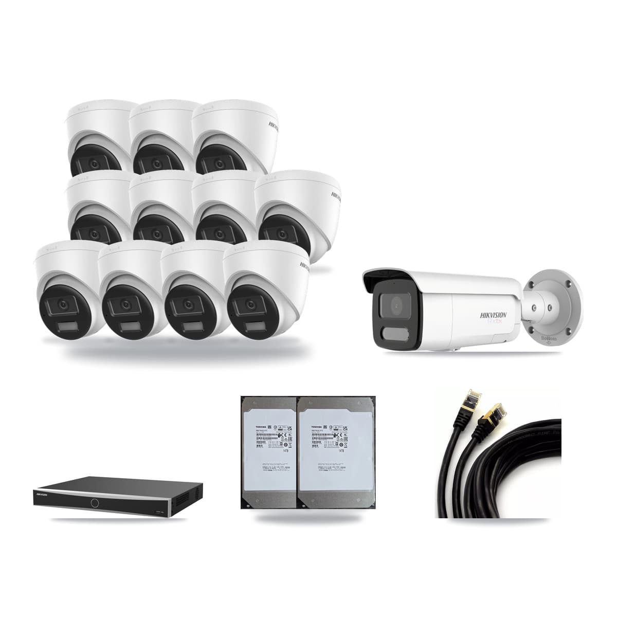 Hikvision 16-Channel 4K CCTV Kit — 11 DS-2CD1383G2-LIUF/SL Turret + 1 White DS-2CD2T87G2H-LISU/SL-2.8MM-W Bullet Cameras + 2× 14TB Recording (DS-7616NXI-K2/16P(E) Recorder) - Image 1
