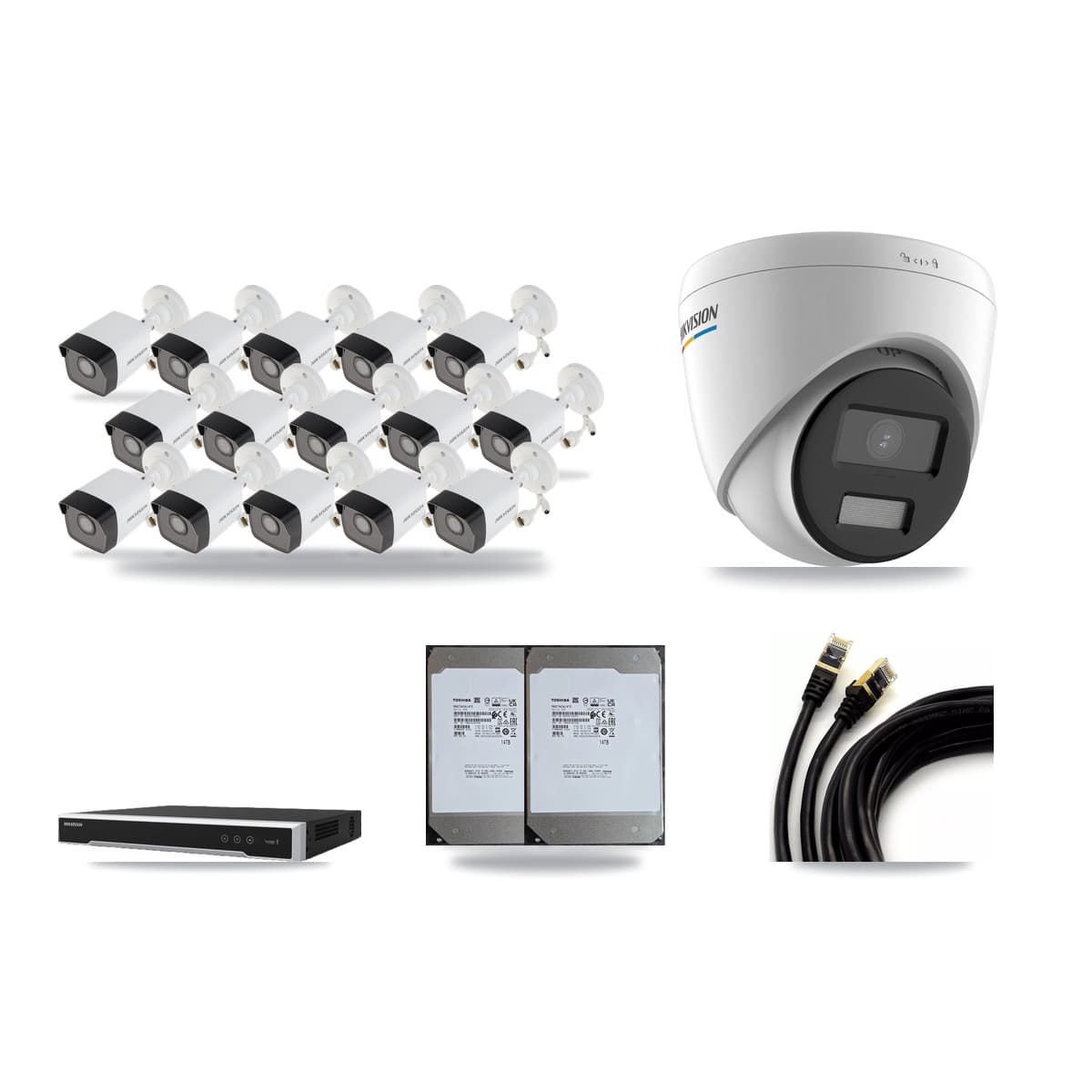 Hikvision 16-Channel 2MP – 5MP CCTV Kit — 15 5MP Bullet + 1 2MP Turret Cameras + 2× 14TB Recording (DS-7616NI-M2 Recorder) - Image 1