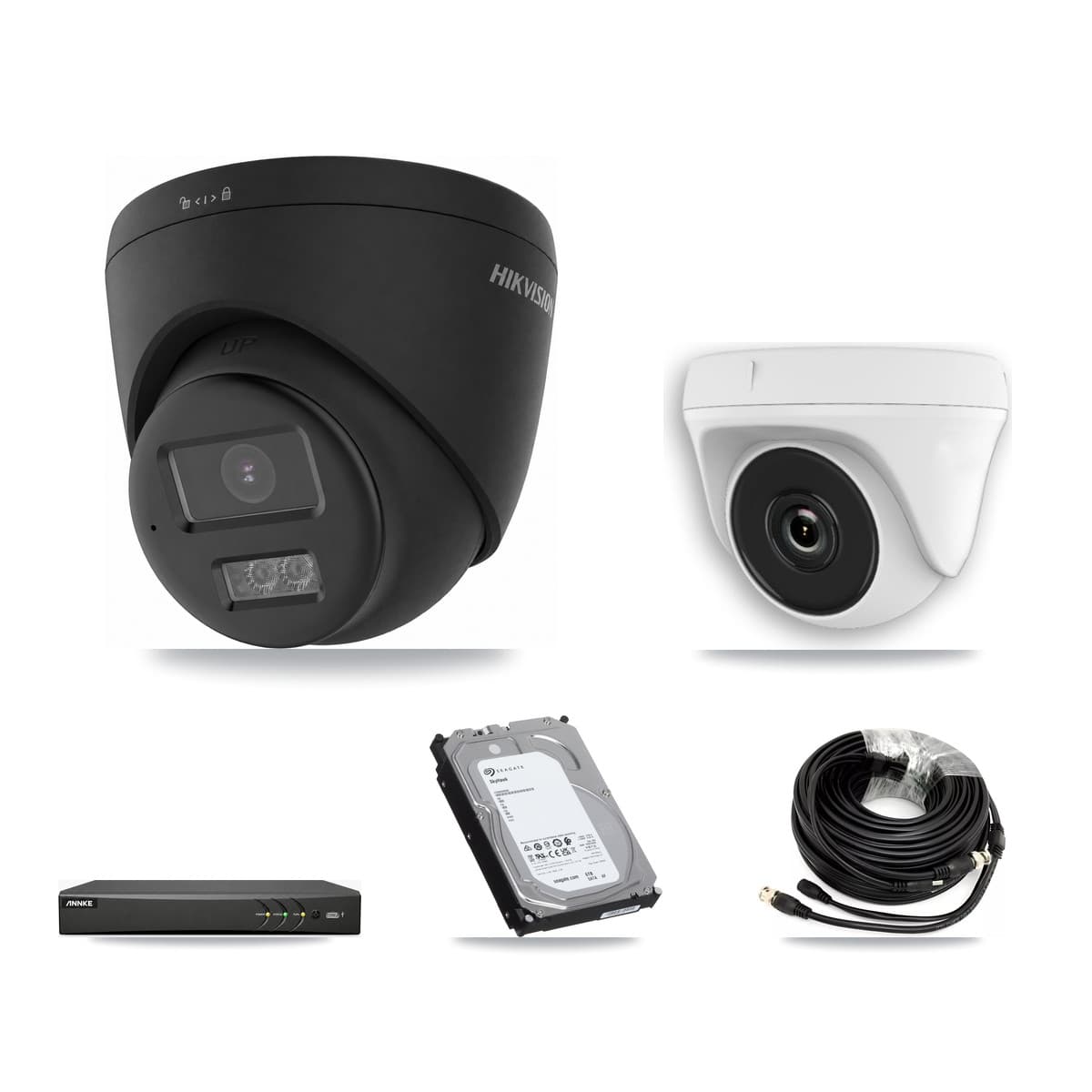 Hikvision & ANNKE 4-Channel 2MP – 4K CCTV Kit — 1 Black 4K Turret + 1 White 2MP Dome Cameras + 6TB Recording
