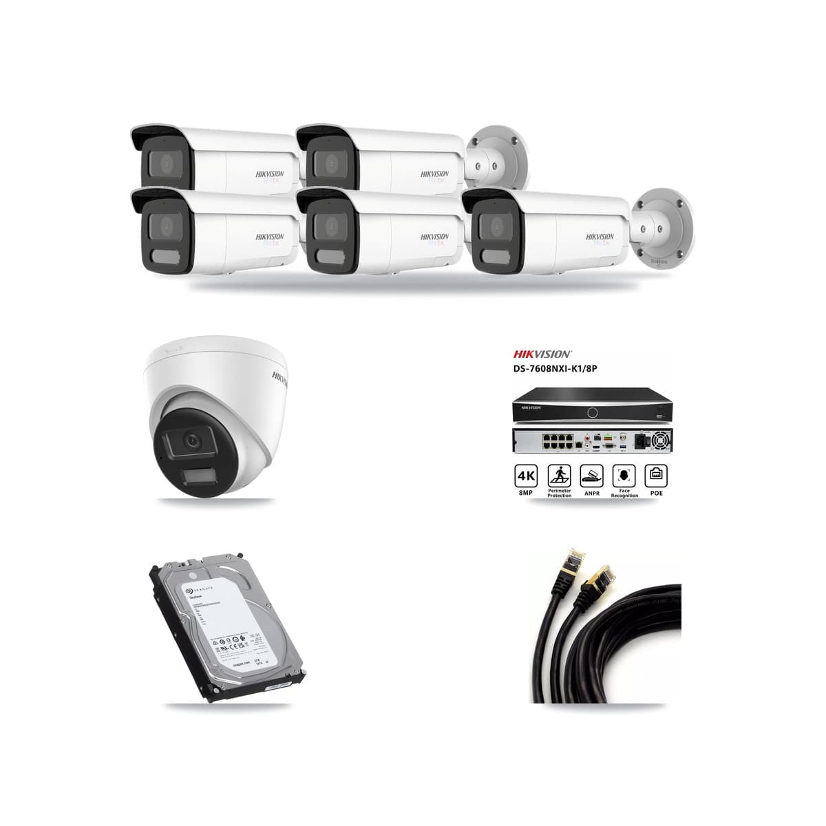 Hikvision 8-Channel 4K CCTV Kit — 1 DS-2CD1383G2-LIU Turret + 5 White DS-2CD2T87G2H-LISU/SL-2.8MM-W Bullet Cameras + 6TB Recording (DS-7608NXI-K1/8P Recorder) - Image 1
