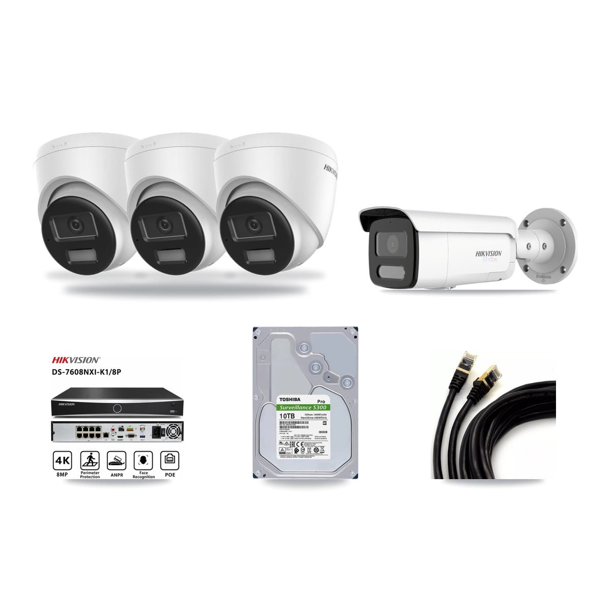 Hikvision 8-Channel 4K CCTV Kit — 3 DS-2CD1383G2-LIU Turret + 1 White DS-2CD2T87G2H-LISU/SL-2.8MM-W Bullet Cameras + 10TB Recording (DS-7608NXI-K1/8P Recorder) - Image 1