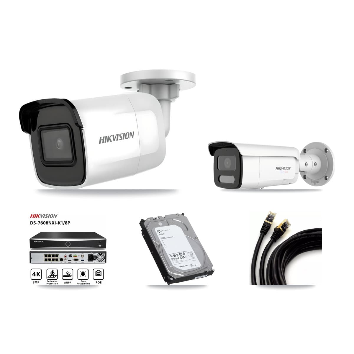 Hikvision 8-Channel 4K CCTV Kit — 1 DS-2CD2085G1 + 1 White DS-2CD2T87G2H Bullet Cameras + 6TB Recording (DS-7608NXI Recorder)