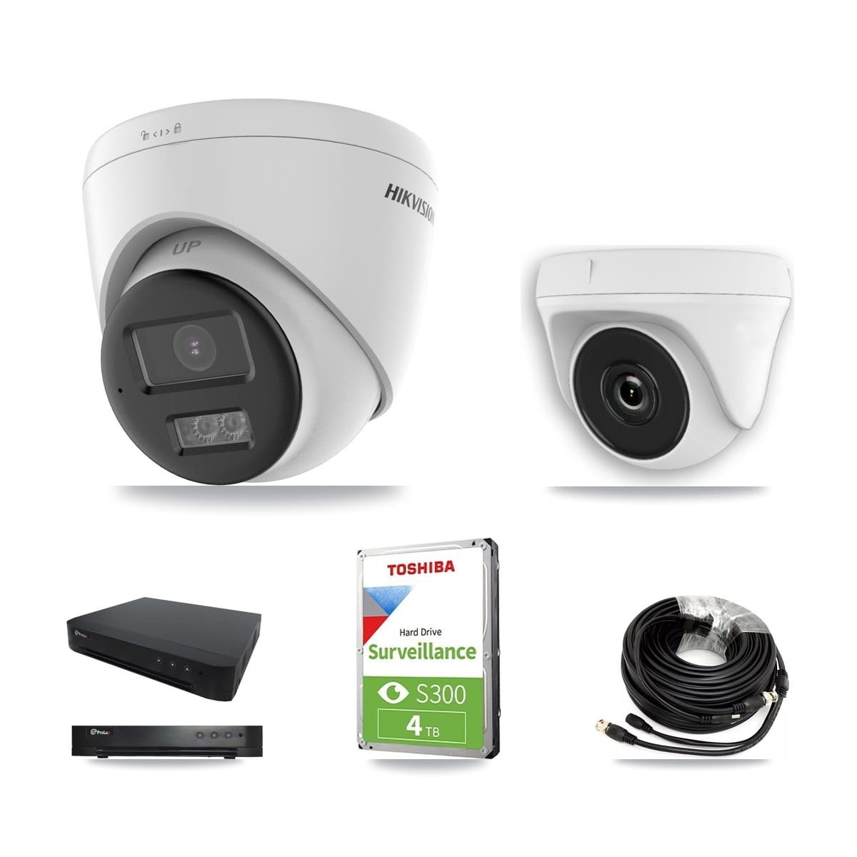 Hikvision & Prolux 16-Channel 2MP – 5MP CCTV Kit — 2 DS-2CE78K0T-LTS 5MP Turret + 2 White HDT-2MP-N20W-2.8MM 2MP Dome Cameras + 4TB Recording (PXD-8216-HYK4MP Recorder) - Image 1