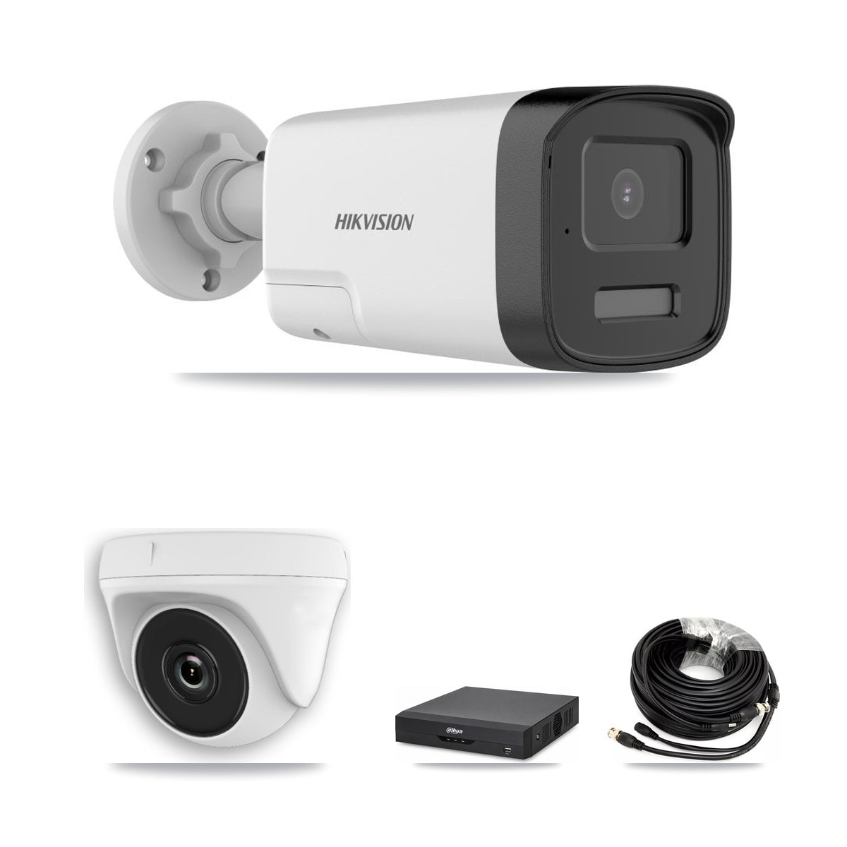 Hikvision & Dahua 4-Channel 2MP – 5MP CCTV Kit — 2 DS-2CE17K0T 5MP Bullet + 1 White HDT-2MP-N20W 2MP Dome Cameras + 3TB Recording