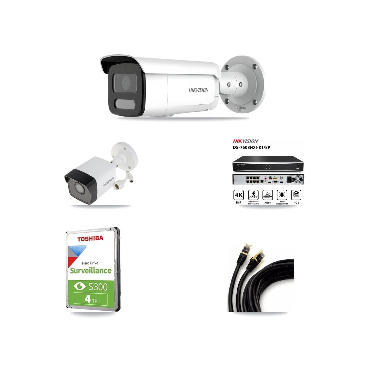 Hikvision 8-Channel 4MP – 5MP CCTV Kit — 1 5MP + 2 4MP Bullet Cameras + 4TB Recording (DS-7608NXI Recorder)