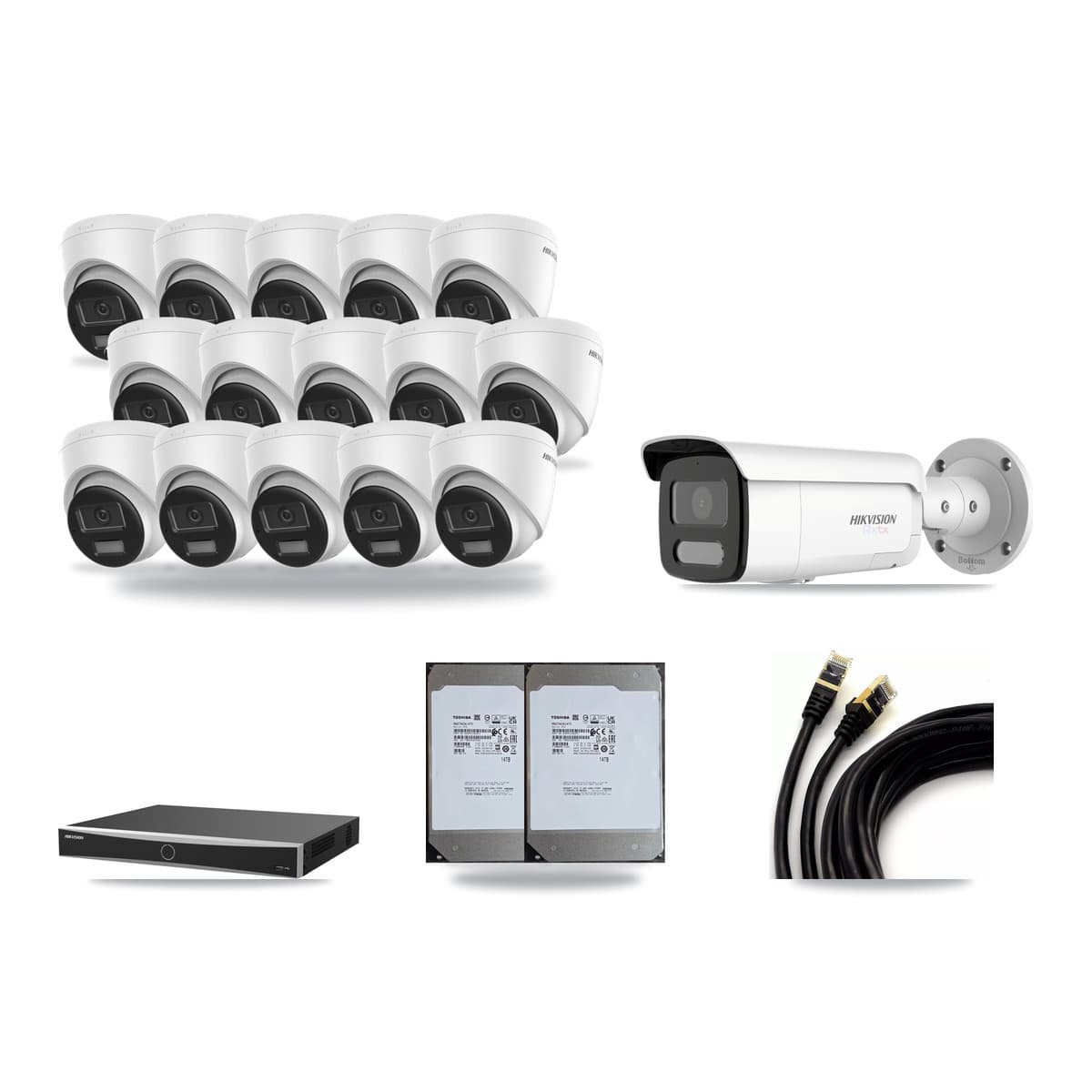 Hikvision 16-Channel 4K CCTV Kit — 15 DS-2CD1383G2-LIU Turret + 1 White DS-2CD2T87G2H-LISU/SL-2.8MM-W Bullet Cameras + 2× 14TB Recording (DS-7616NXI-K2/16P(E) Recorder) - Image 1