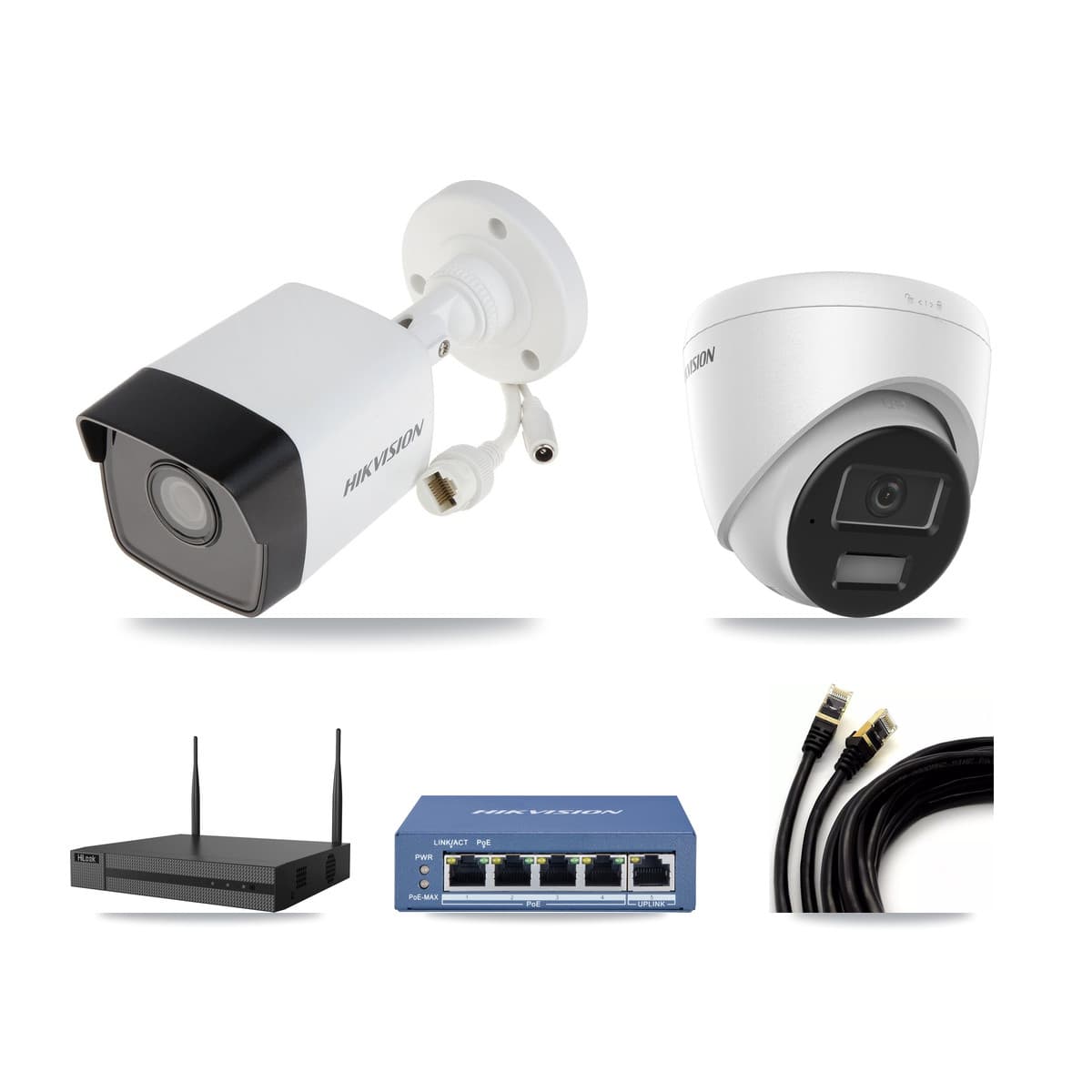 Hikvision & HiLook 4-Channel 4MP – 5MP CCTV Kit — 1 5MP Bullet + 1 4MP Turret Cameras + 3TB Recording