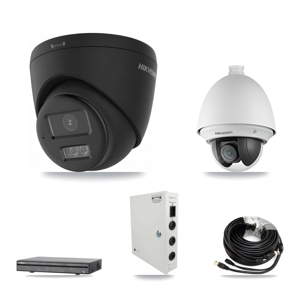 Hikvision & Dahua 8-Channel 2MP – 4K CCTV Kit — 1 2MP PTZ + 3 Black 4K Turret Cameras + 8TB Recording (DH-XVR5108H Recorder)