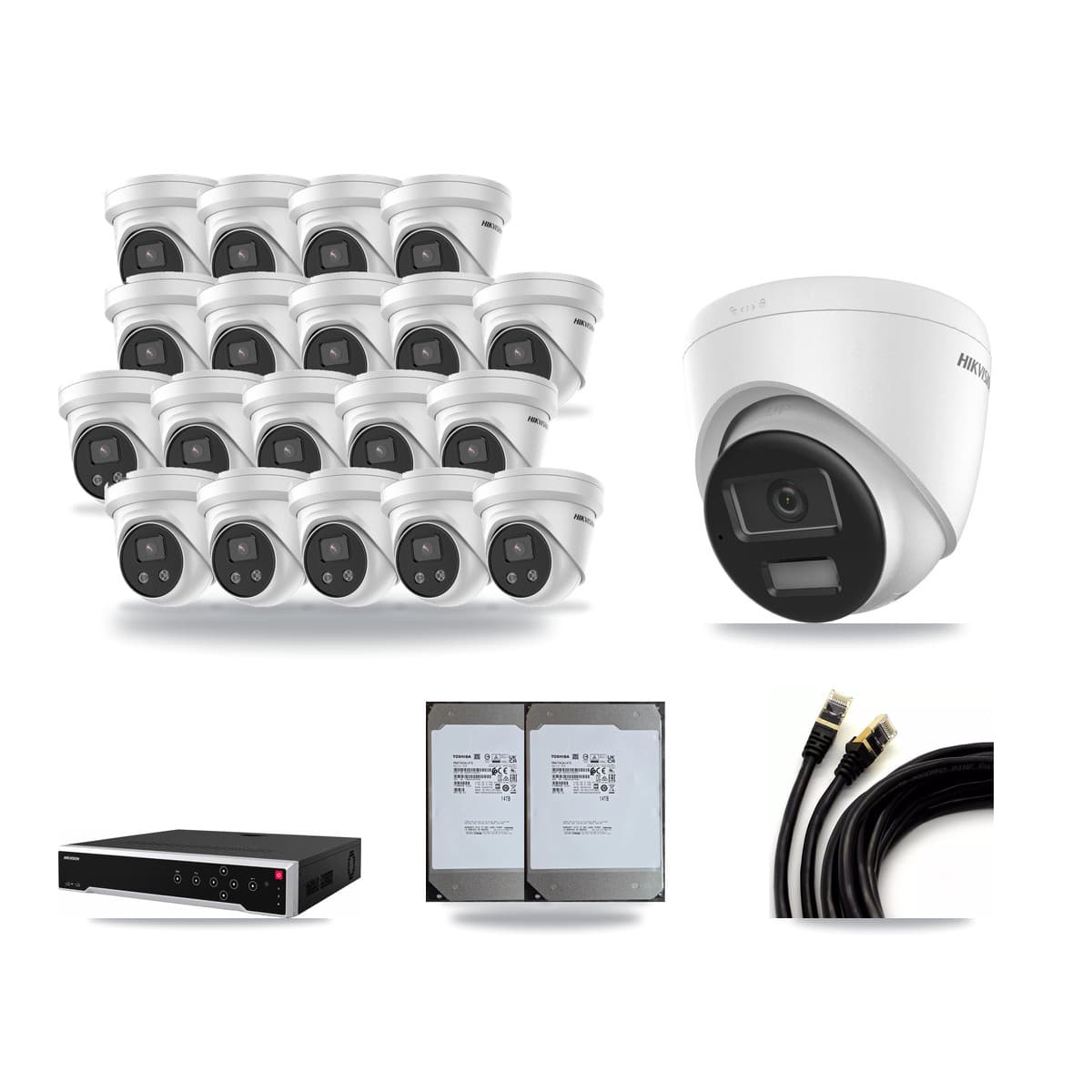 Hikvision 32-Channel 5MP – 4K CCTV Kit — 1 DS-2CD1383G2-LIUF/SL 4K + 19 DS-2CD3356G2-ISU 5MP Turret Cameras + 2× 14TB Recording (DS-7732NI-M4/24P Recorder) - Image 1