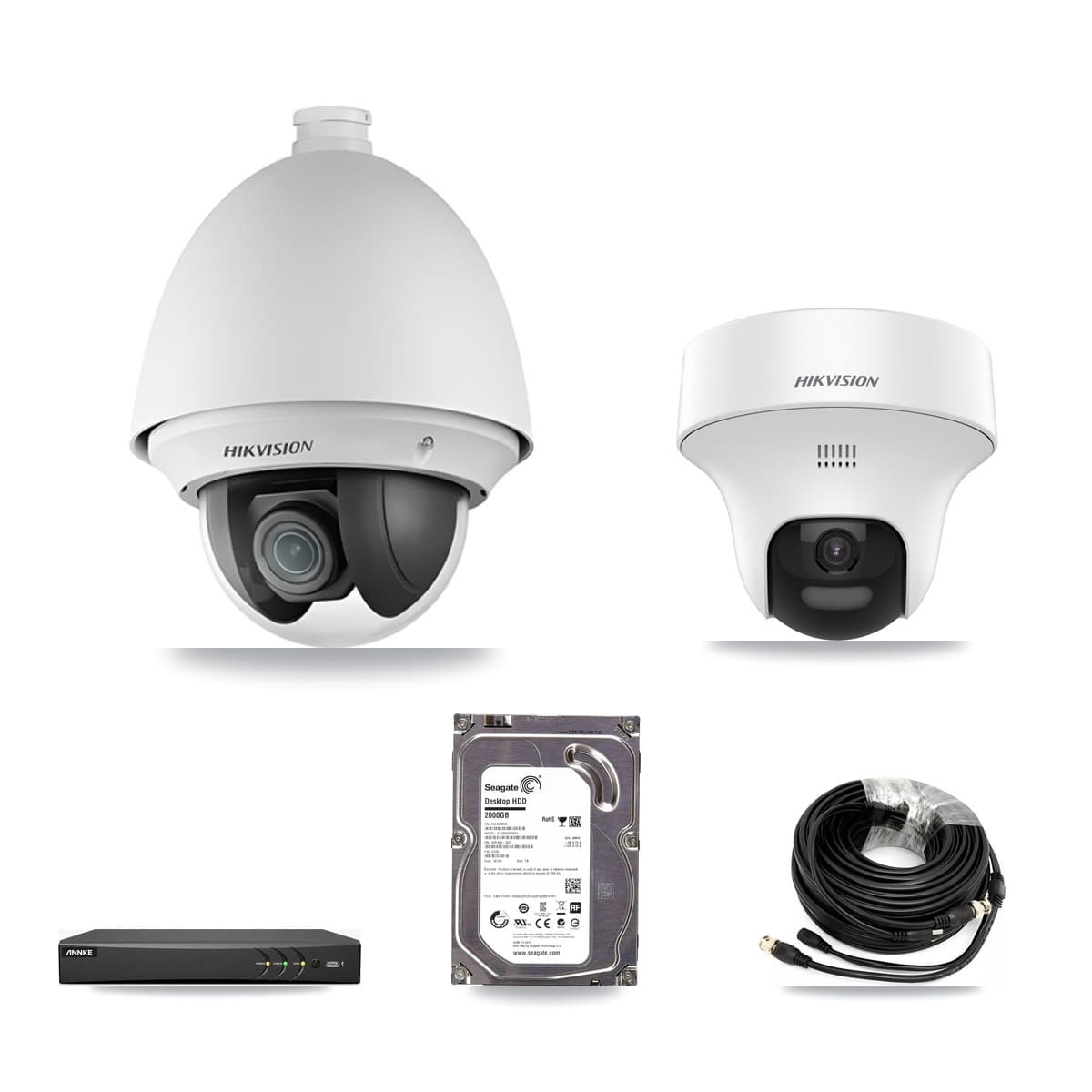 Hikvision & ANNKE 4-Channel 2MP – 5MP CCTV Kit — 1 DS-2AE4225T 2MP PTZ + 1 DS-2CE70K0T 5MP Turret Cameras + 2TB Recording