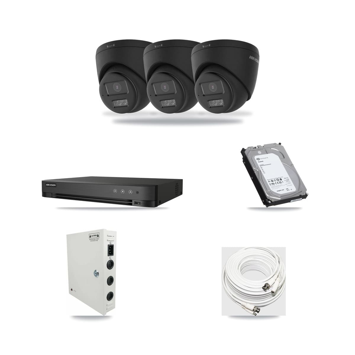 Hikvision 4-Channel 4K CCTV Kit — 3 Black Turret Cameras + 6TB Recording (IDS-7204HUHI Recorder) - Image 1