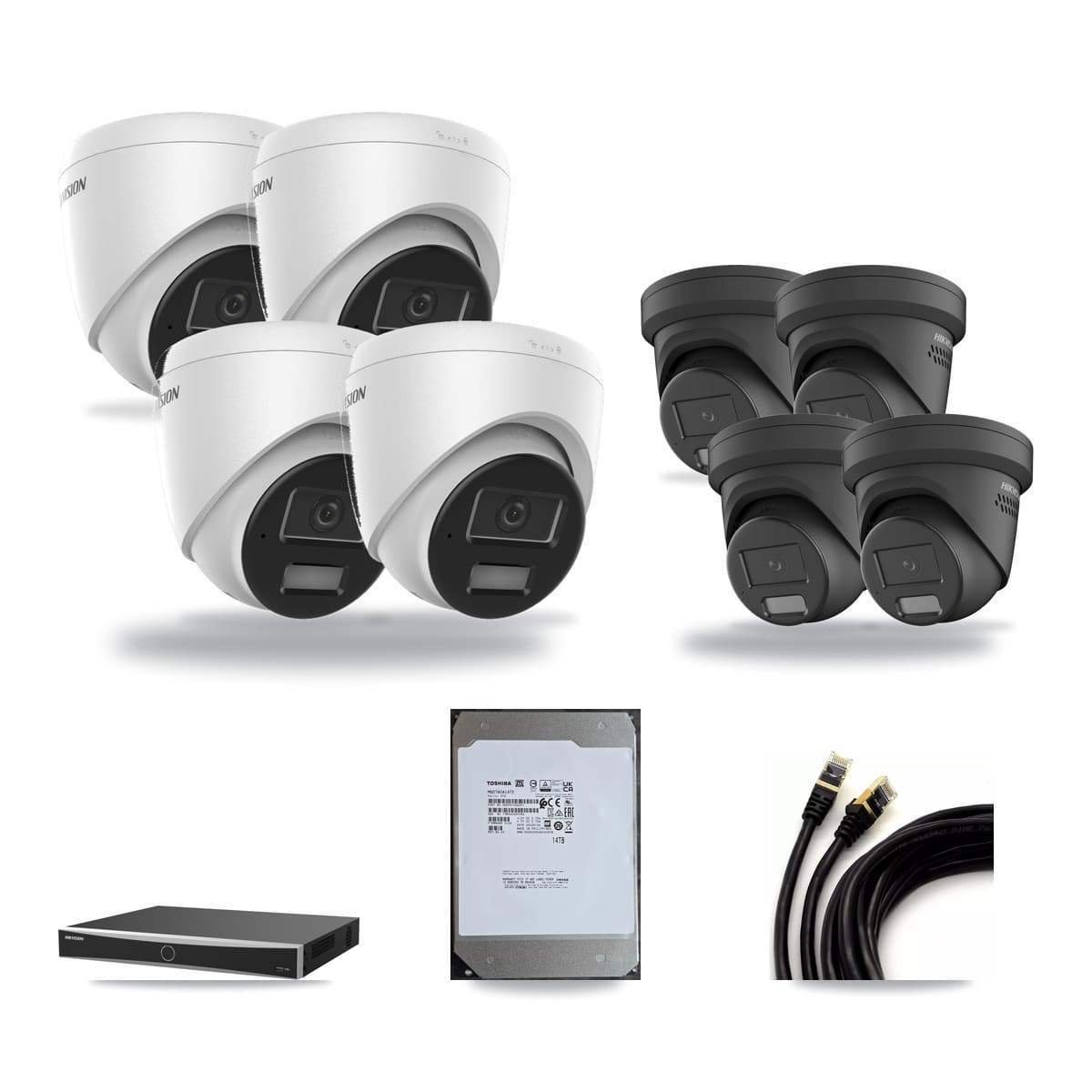 Hikvision 16-Channel 4MP CCTV Kit — 4 DS-2CD1343G2 + 4 Black DS-2CD2347G2 Turret Cameras + 14TB Recording (DS-7616NXI Recorder) - Image 1
