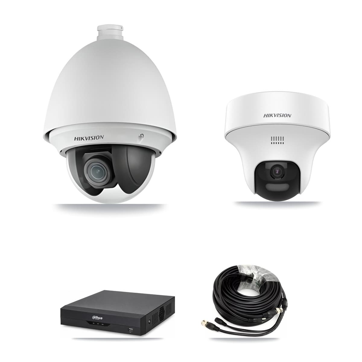 Hikvision & Dahua 4-Channel 2MP – 5MP CCTV Kit — 1 DS-2AE4225T 2MP PTZ + 1 DS-2CE70K0T 5MP Turret Cameras + 2TB Recording