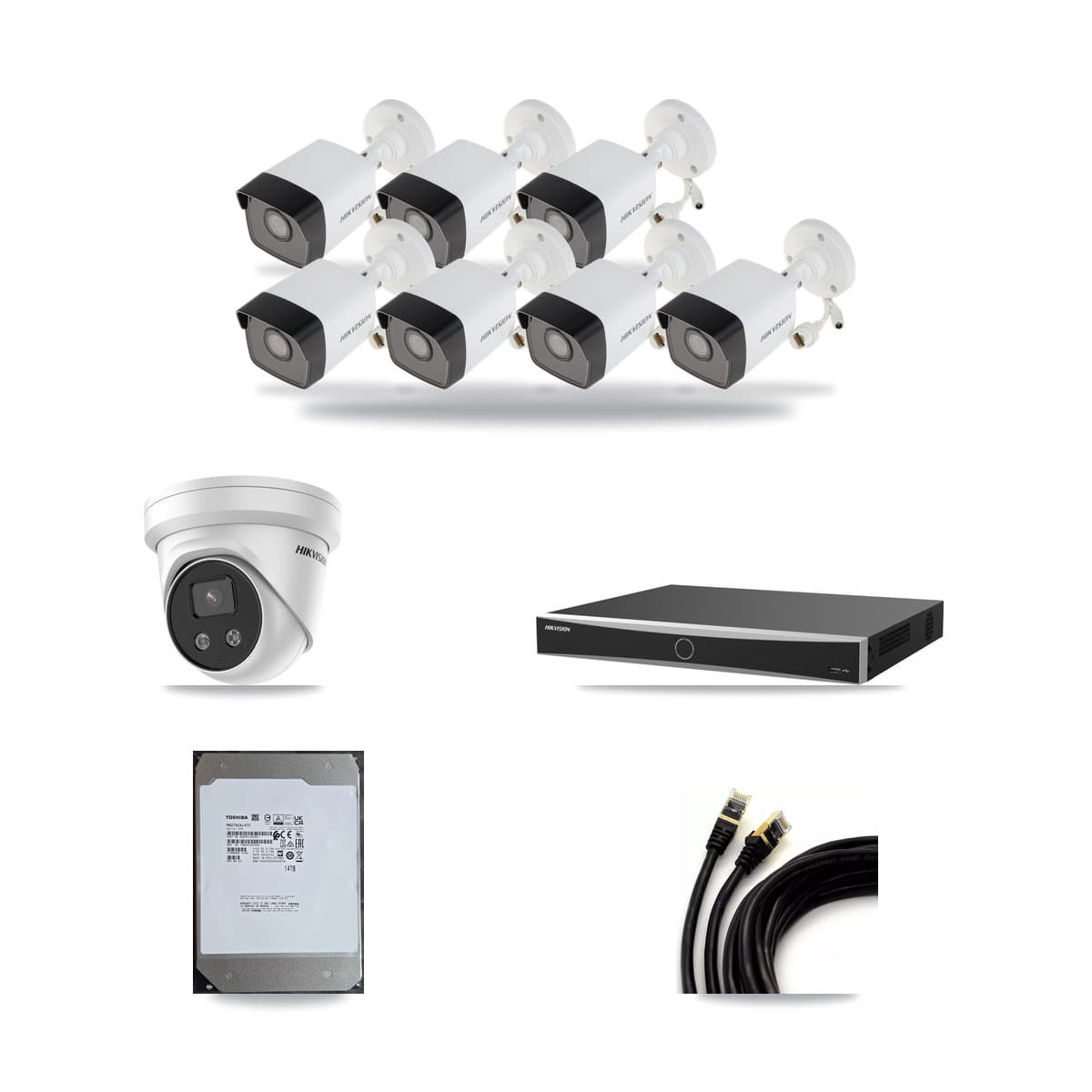 Hikvision 16-Channel 5MP CCTV Kit — 7 Bullet + 1 Turret Cameras + 14TB Recording (DS-7616NXI Recorder) - Image 1
