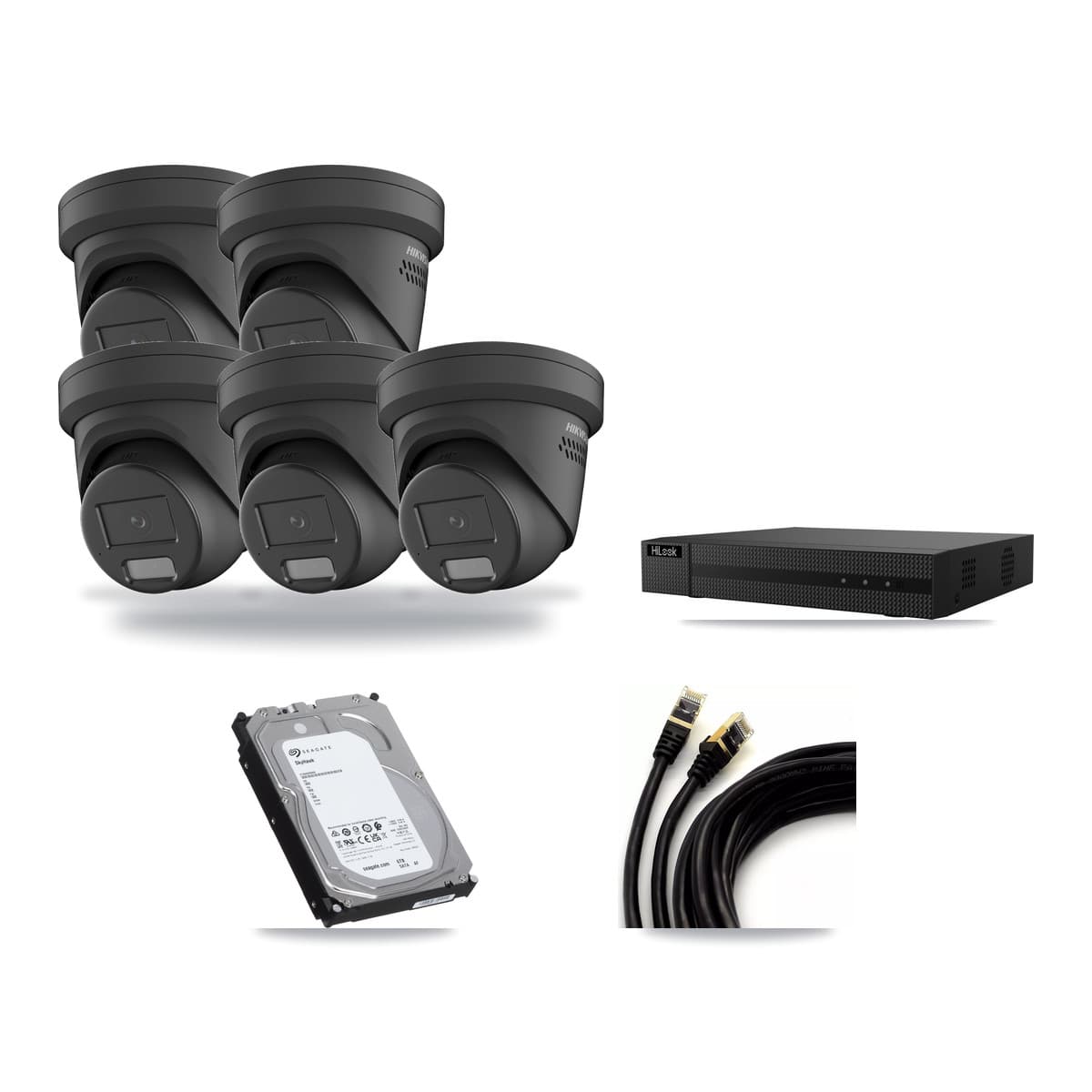Hikvision & HiLook 8-Channel 4MP CCTV Kit — 5 Black Turret Cameras + 6TB Recording (NVR-108MH-D Recorder) - Image 1