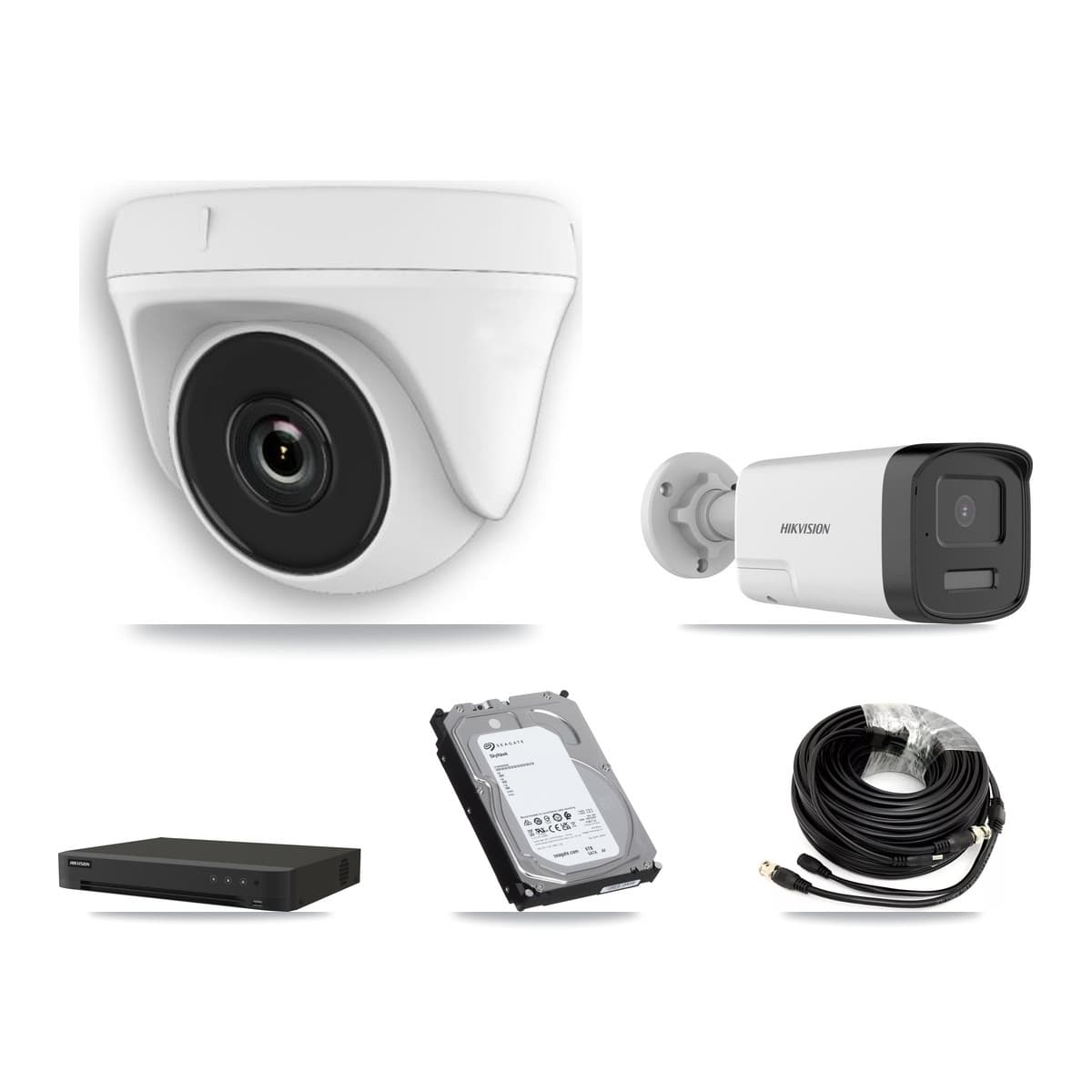 Hikvision 8-Channel 2MP – 5MP CCTV Kit — 1 DS-2CE17K0T-LXTS 5MP Bullet + 4 White HDT-2MP-N20W-2.8MM 2MP Dome Cameras + 6TB Recording (IDS-7208HUHI-M1/XT Recorder)