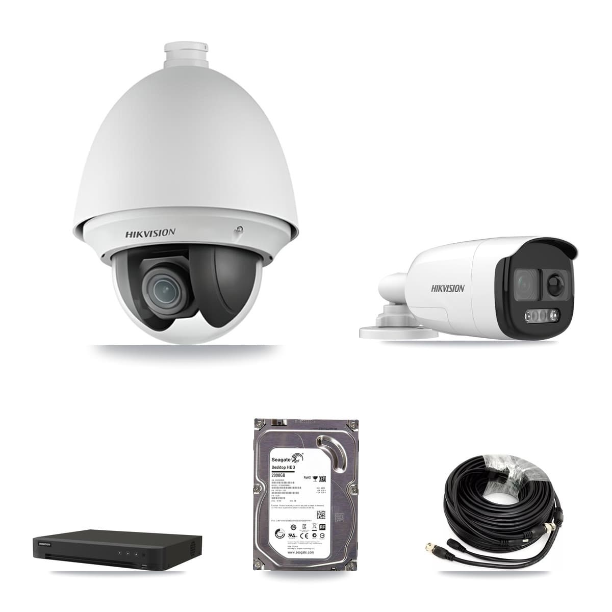Hikvision 8-Channel 2MP – 5MP CCTV Kit — 1 DS-2AE4225T-A 2MP PTZ + 1 DS-2CE12KF3T-PIRXO 5MP Bullet Cameras + 2TB Recording (IDS-7208HUHI-M1/XT Recorder)