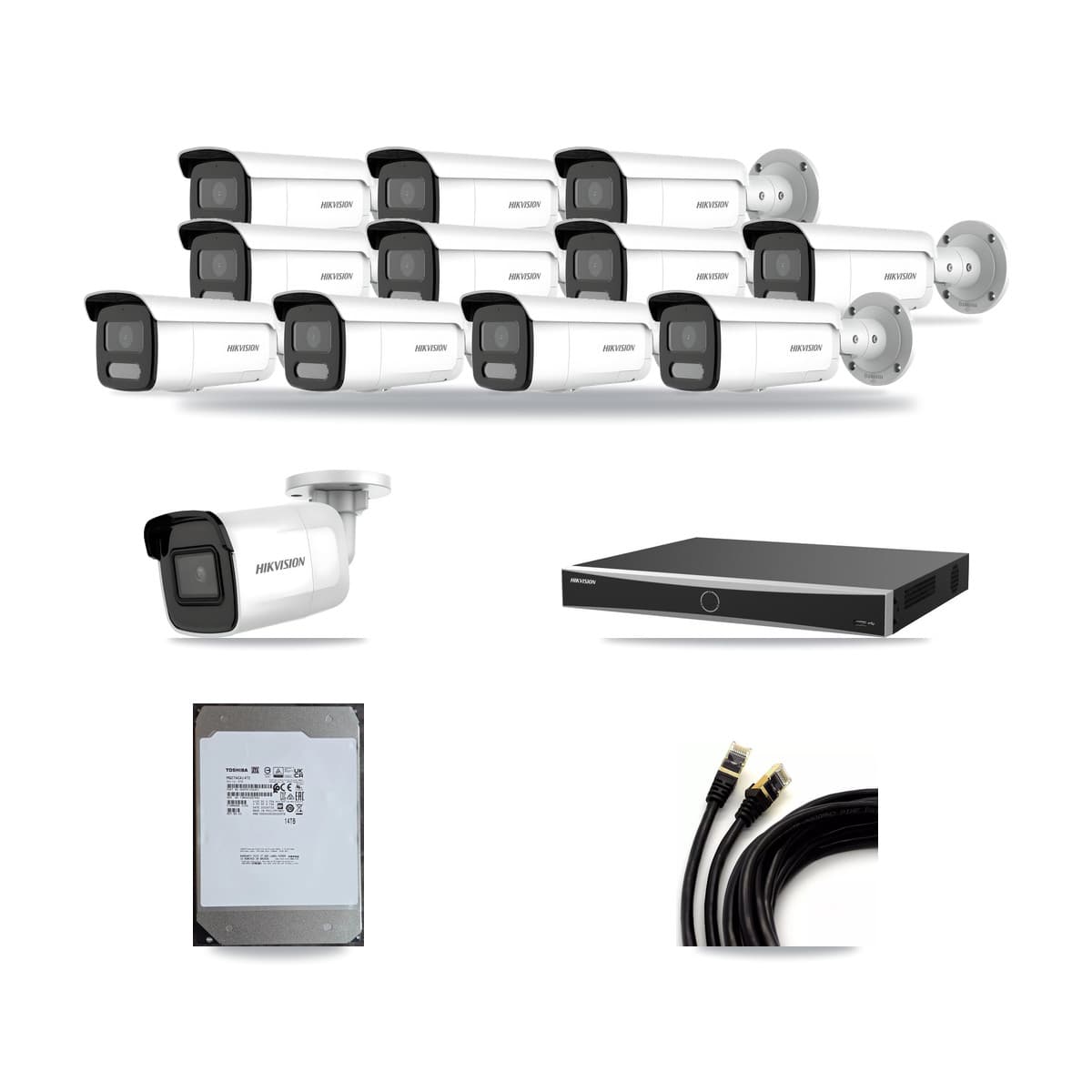 Hikvision 16-Channel 4MP – 4K CCTV Kit — 1 4K + 11 4MP Bullet Cameras + 14TB Recording (DS-7616NXI Recorder) - Image 1