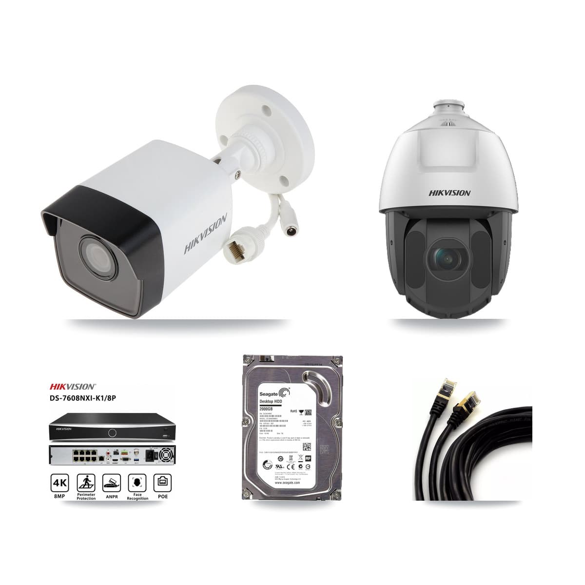Hikvision 8-Channel 2MP – 5MP CCTV Kit — 1 5MP Bullet + 1 2MP PTZ Cameras + 2TB Recording (DS-7608NXI Recorder)