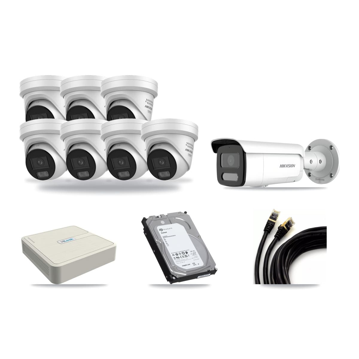 Hikvision & HiLook 8-Channel 4MP CCTV Kit — 7 Turret + 1 Bullet Cameras + 6TB Recording (NVR-108H-D Recorder) - Image 1