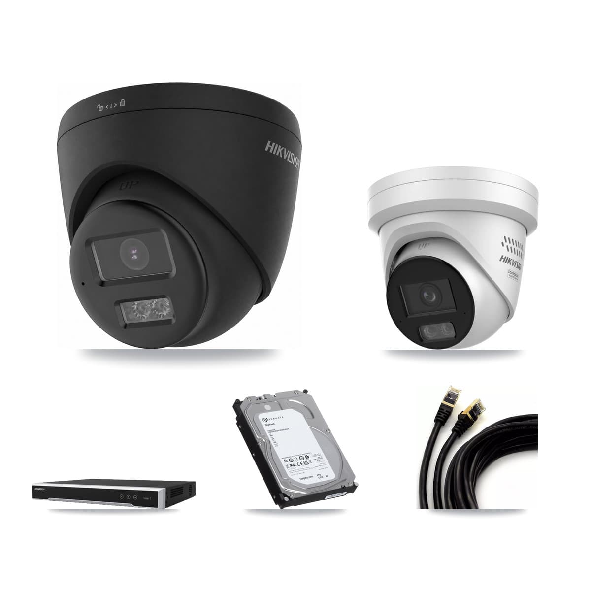 Hikvision 8-Channel 4MP – 4K CCTV Kit — 2 Black 4K + 1 4MP Turret Cameras + 6TB Recording (DS-7608NI-M2 Recorder)