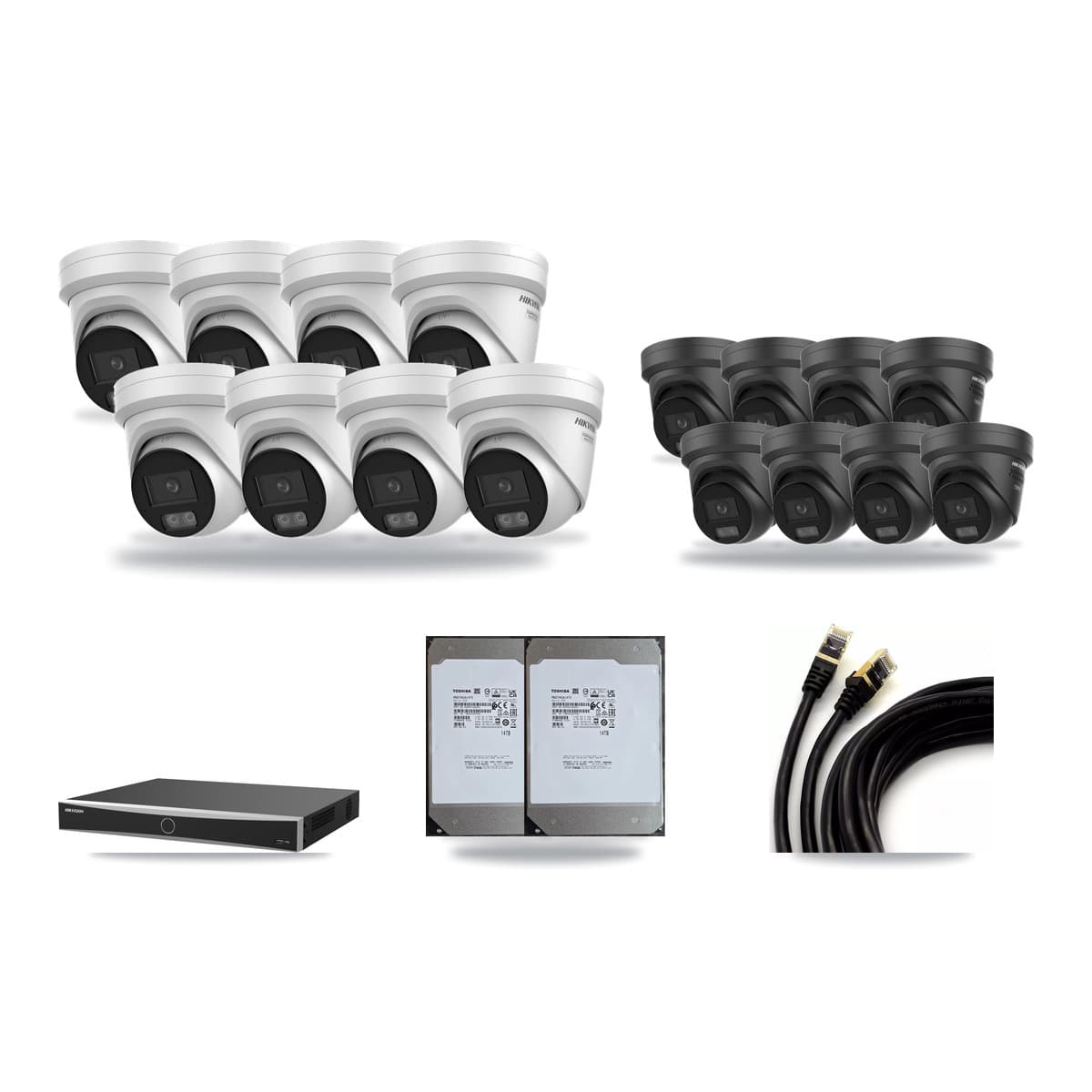Hikvision 16-Channel 4K CCTV Kit — 8 + 8 Black Turret Cameras + 2× 14TB Recording (DS-7616NXI Recorder) - Image 1