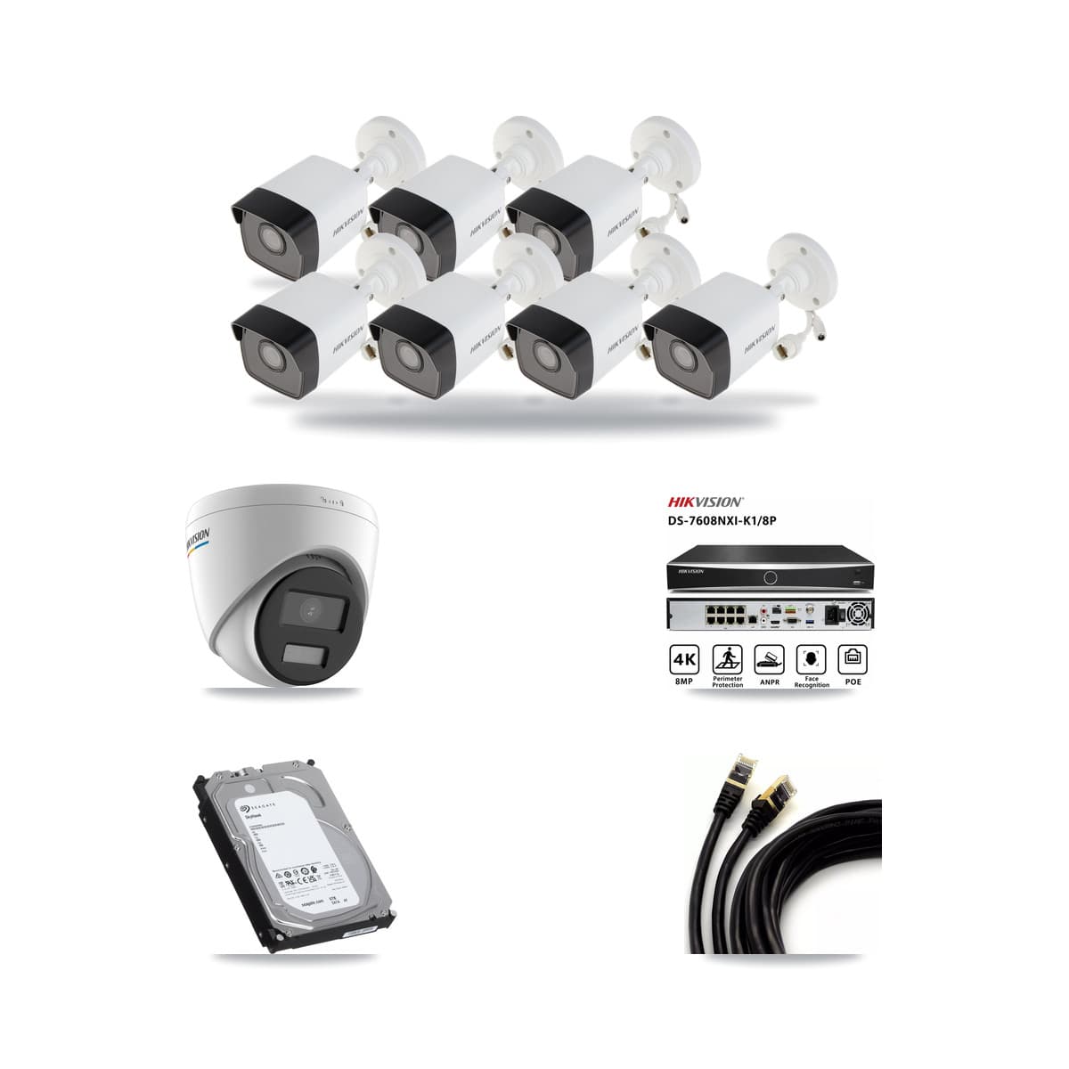 Hikvision 8-Channel 2MP – 5MP CCTV Kit — 7 5MP Bullet + 1 2MP Turret Cameras + 6TB Recording (DS-7608NXI Recorder) - Image 1