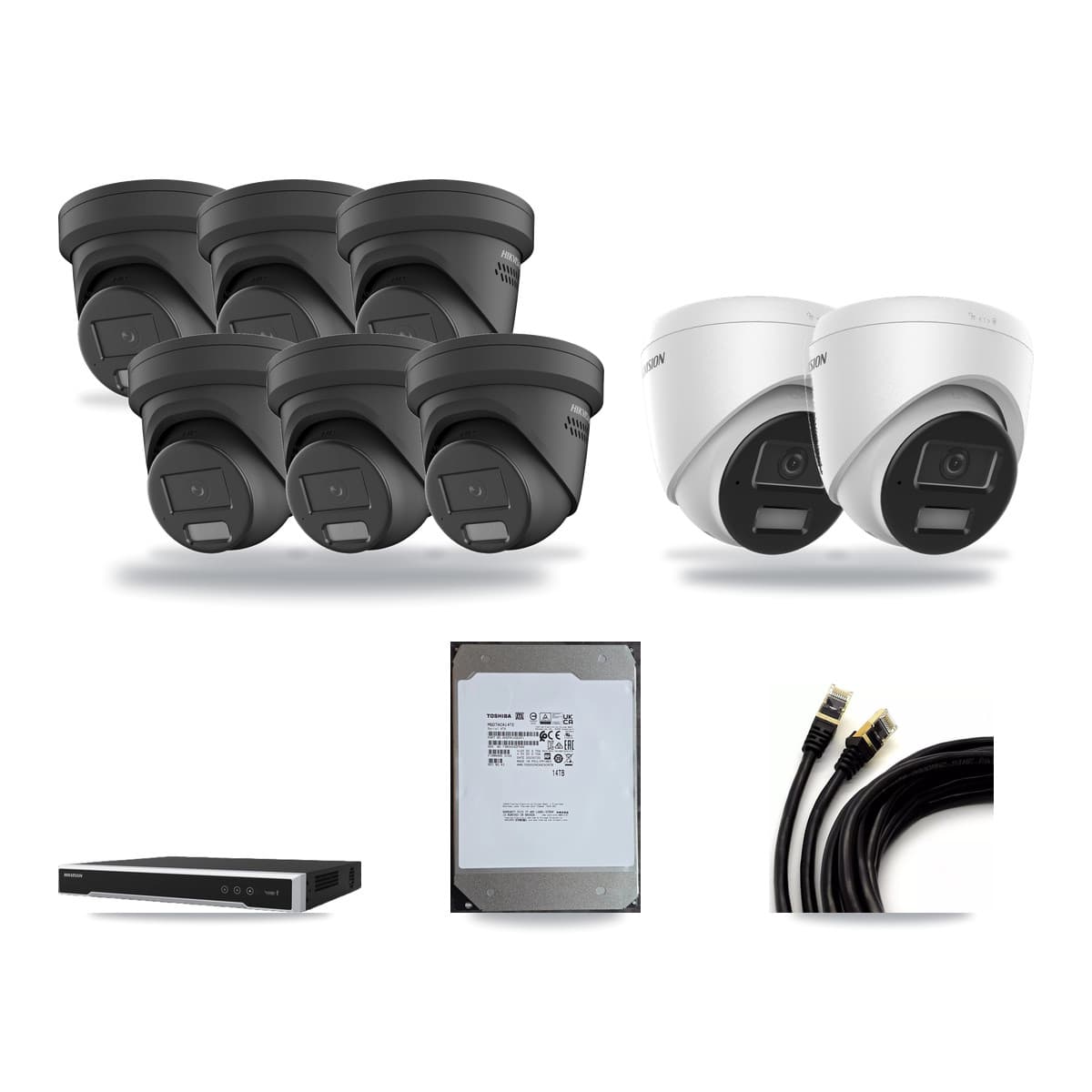 Hikvision 16-Channel 4MP CCTV Kit — 2 DS-2CD1343G2 + 6 Black DS-2CD2347G2 Turret Cameras + 14TB Recording (DS-7616NI-M2 Recorder) - Image 1