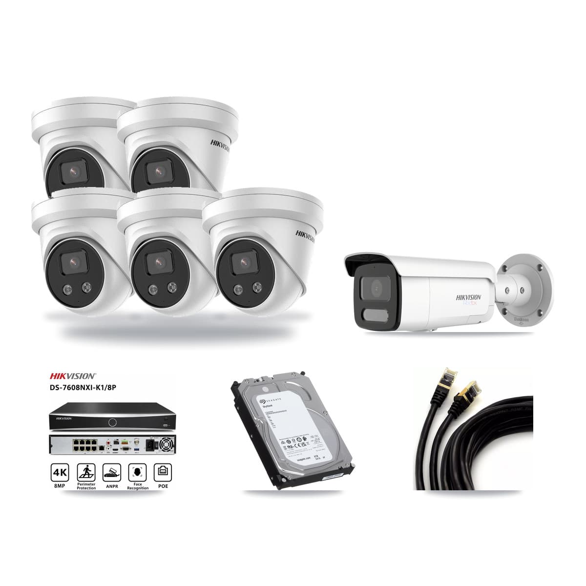 Hikvision 8-Channel 5MP – 4K CCTV Kit — 1 White 4K Bullet + 5 5MP Turret Cameras + 6TB Recording (DS-7608NXI Recorder) - Image 1