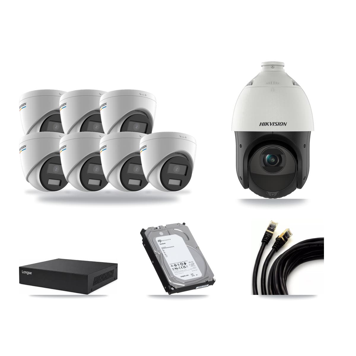 Longse 8-channel CCTV kit: 8 cameras (7× 2MP Turret + 1× 4MP PTZ), 6TB hard drive