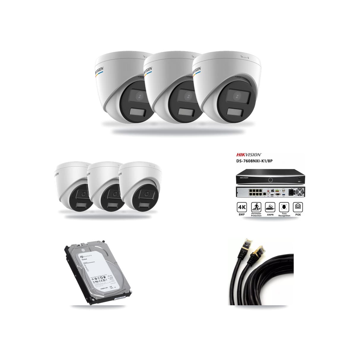Hikvision 8-channel CCTV kit: 6 cameras (3× 2MP Turret + 3× 4MP Turret), 6TB hard drive