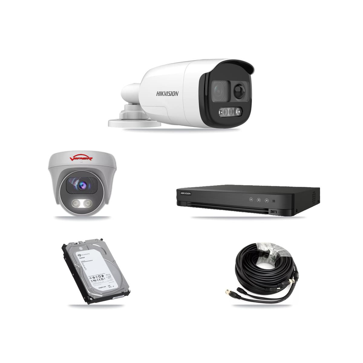 Hikvision & Viper 8-Channel 5MP CCTV Kit — 4 DS-2CE12KF3T-PIRXO Bullet + 1 White VIPER-5MP-3K-AOC-WHITE-2.8MM Cameras + 6TB Recording (IDS-7208HUHI-M1/E Recorder) - Image 1