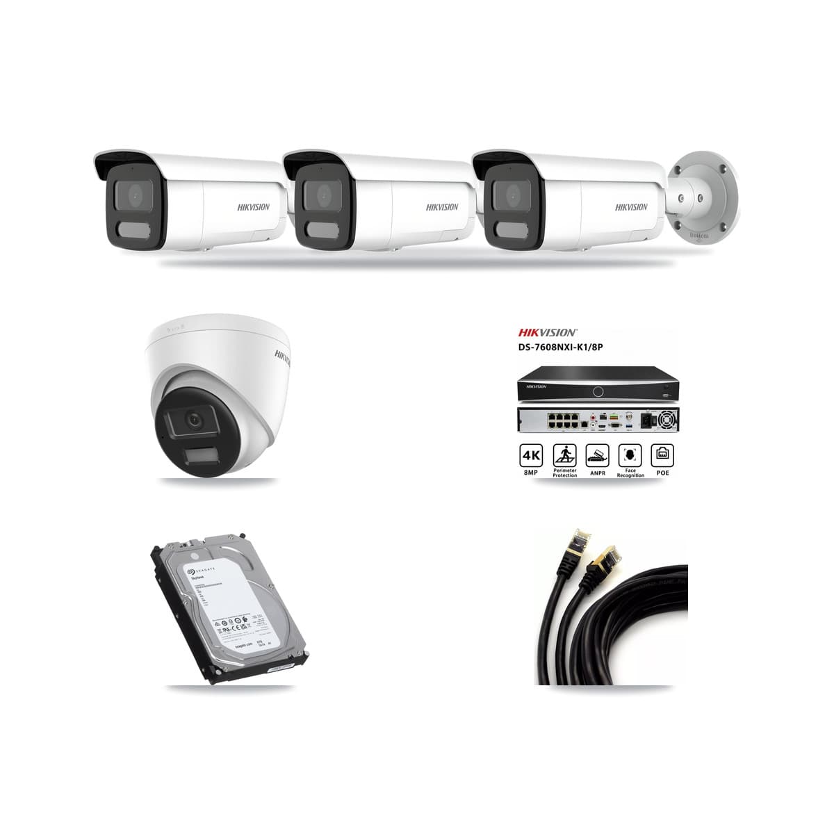 Hikvision 8-Channel 4MP – 4K CCTV Kit — 1 DS-2CD1383G2-LIU 4K Turret + 3 DS-2CD2T47G2H-LISU/SL 4MP Bullet Cameras + 6TB Recording (DS-7608NXI-K1/8P Recorder) - Image 1