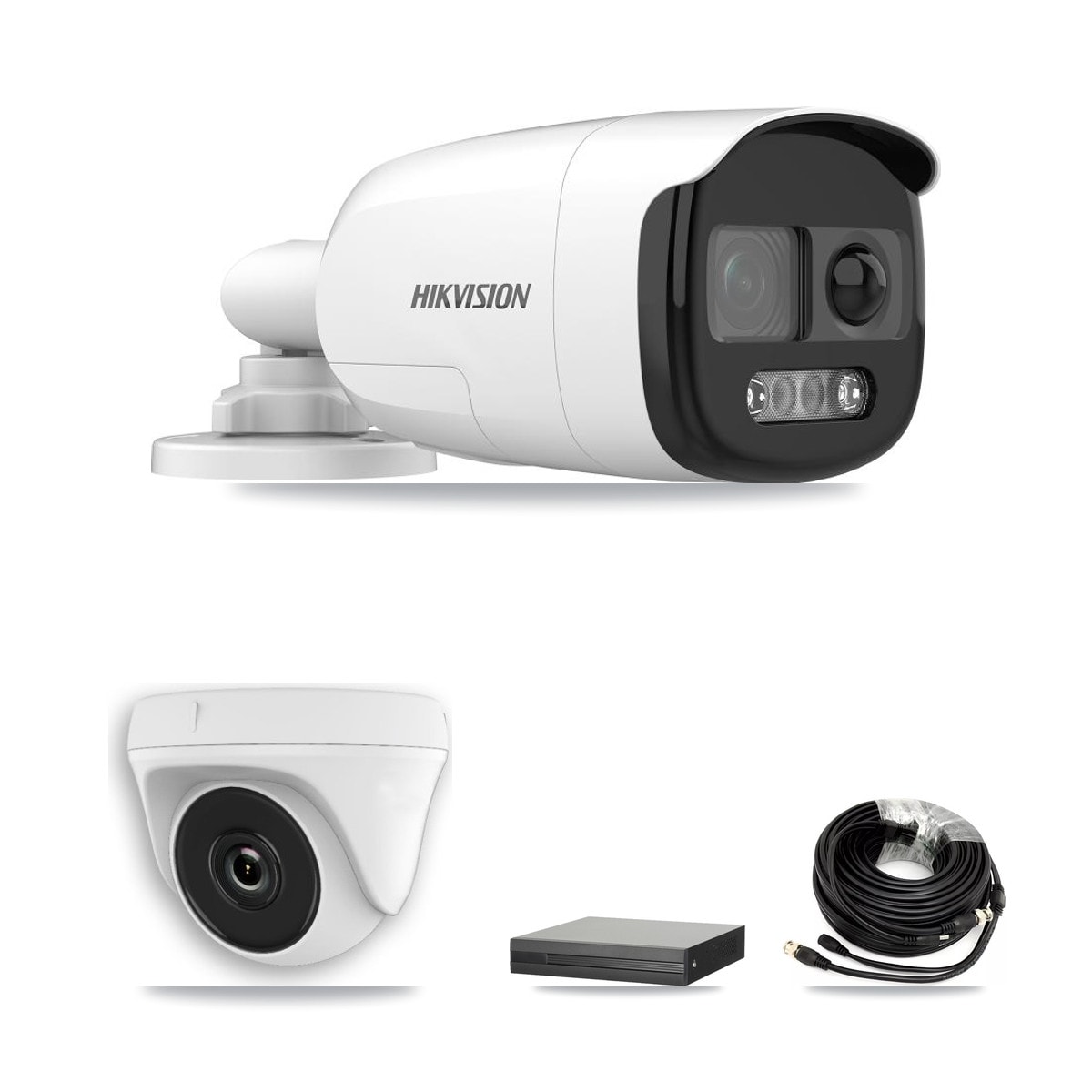 XVR-3108HS-5MP-LITE 8-Channel DVR CCTV Kit — 2× Hikvision DS-2CE12KF3T-PIRXO 5MP Bullet + 2× HDT-2MP-N20W-2.8MM White 2MP Dome Cameras + 4TB HDD - Image 1