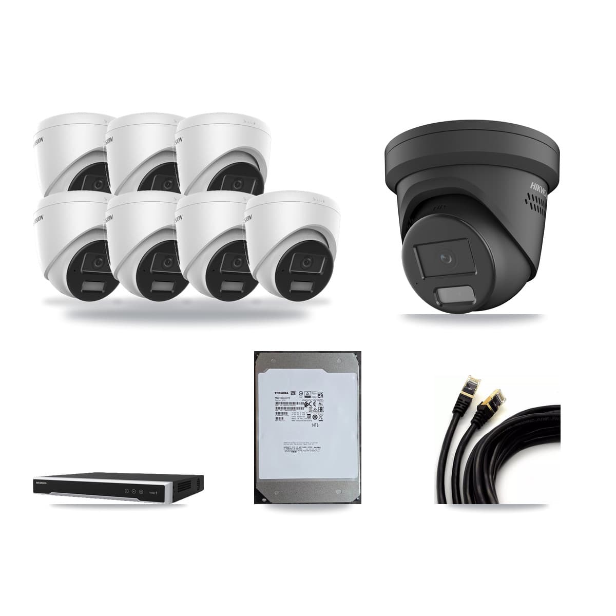Hikvision 8-Channel 4MP CCTV Kit — 7 DS-2CD1343G2 + 1 DS-2CD2347G2 Turret Cameras + 14TB Recording - Image 1