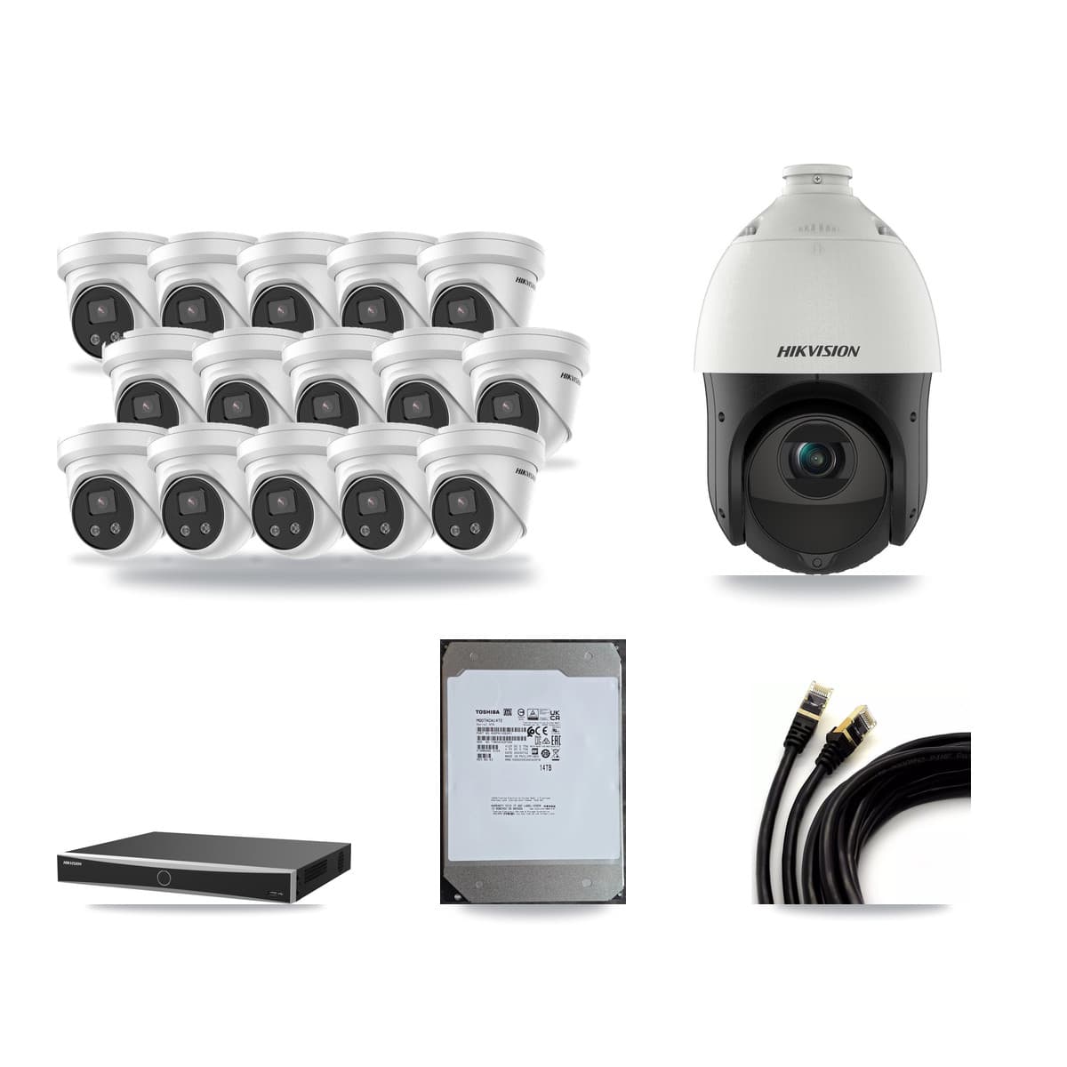 Hikvision 16-Channel 4MP – 5MP CCTV Kit — 15 5MP Turret + 1 4MP PTZ Cameras + 14TB Recording (DS-7616NXI Recorder) - Image 1