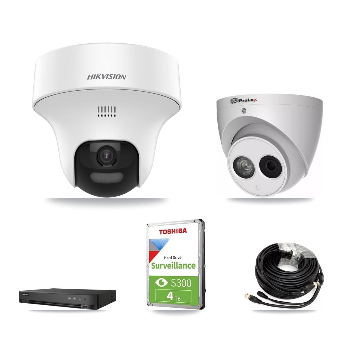 Hikvision & Prolux 4-Channel 4MP – 5MP CCTV Kit — 2 DS-2CE70K0T 5MP + 1 PXC-612C4W-A 4MP Turret Cameras + 4TB Recording (IDS-7204HUHI Recorder) - Image 1