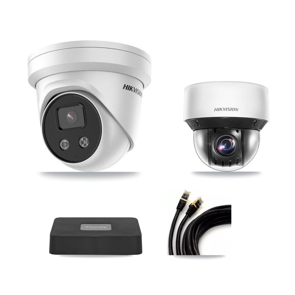 Hikvision & Tiandy 4-Channel 4MP – 5MP CCTV Kit — 1 DS-2CD3356G2 5MP Turret + 1 DS-2DE4A425IW 4MP PTZ Cameras + 3TB Recording - Image 1