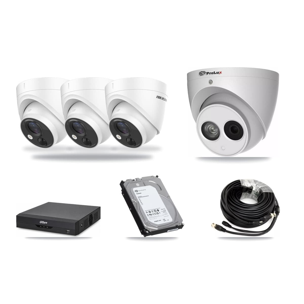 4-Channel 4MP – 5MP CCTV Kit — 3 DS-2CE71H0T 5MP + 1 PXC-612C4W-A 4MP Turret Cameras + 6TB Recording (DH-XVR5104HS Recorder) - Image 1