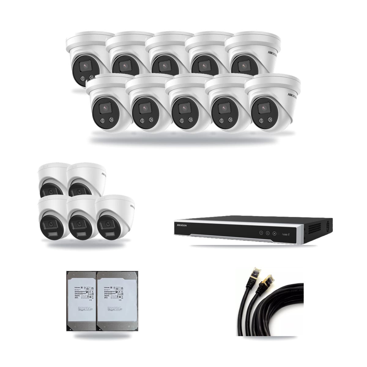 Hikvision 16-channel CCTV kit: 15 cameras (10× 5MP Turret + 5× 4K Turret), 2× 14TB hard drive
