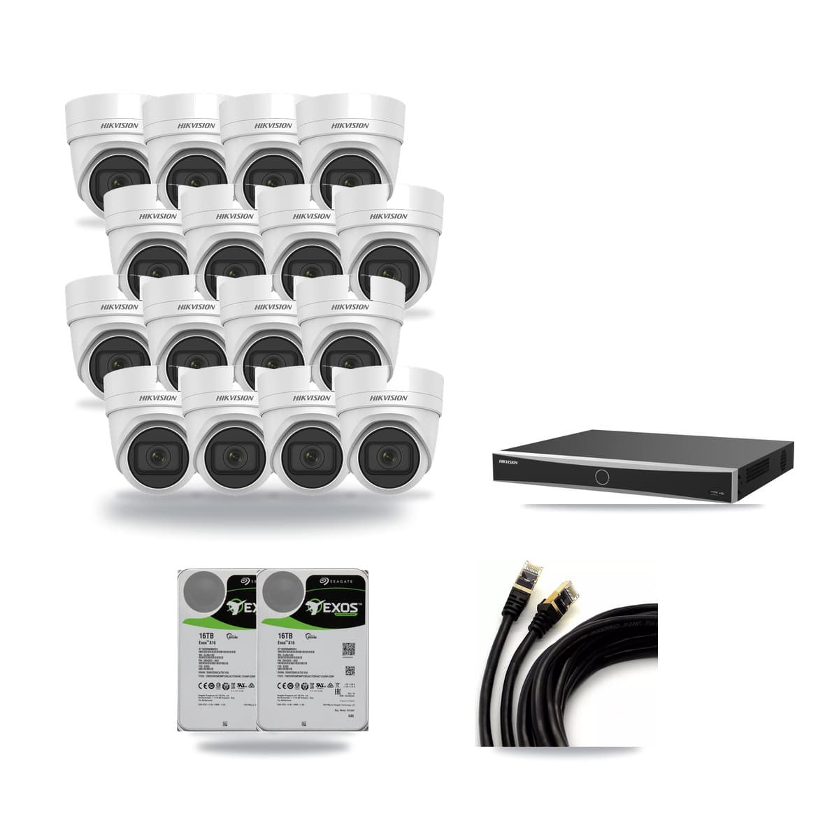 Hikvision 16-Channel 4K CCTV Kit — 16 DS-2CD2H83G0 Turret Cameras + 2× 16TB Recording (DS-7616NXI Recorder) - Image 1