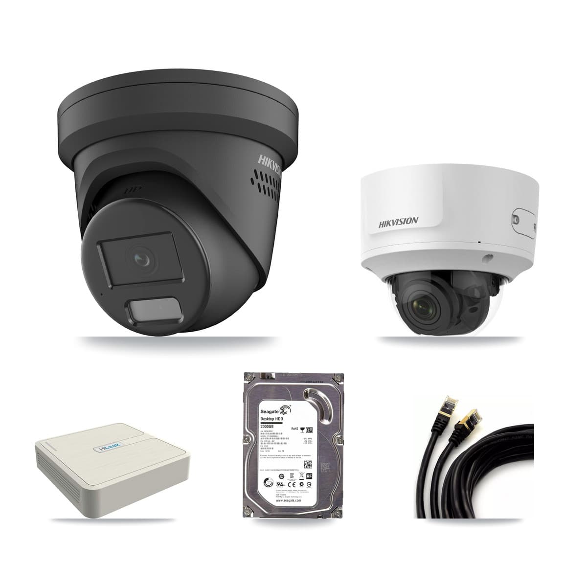 Hikvision & HiLook 8-Channel 2MP – 4MP CCTV Kit — 1 Black 4MP Turret + 1 2MP Dome Cameras + 2TB Recording
