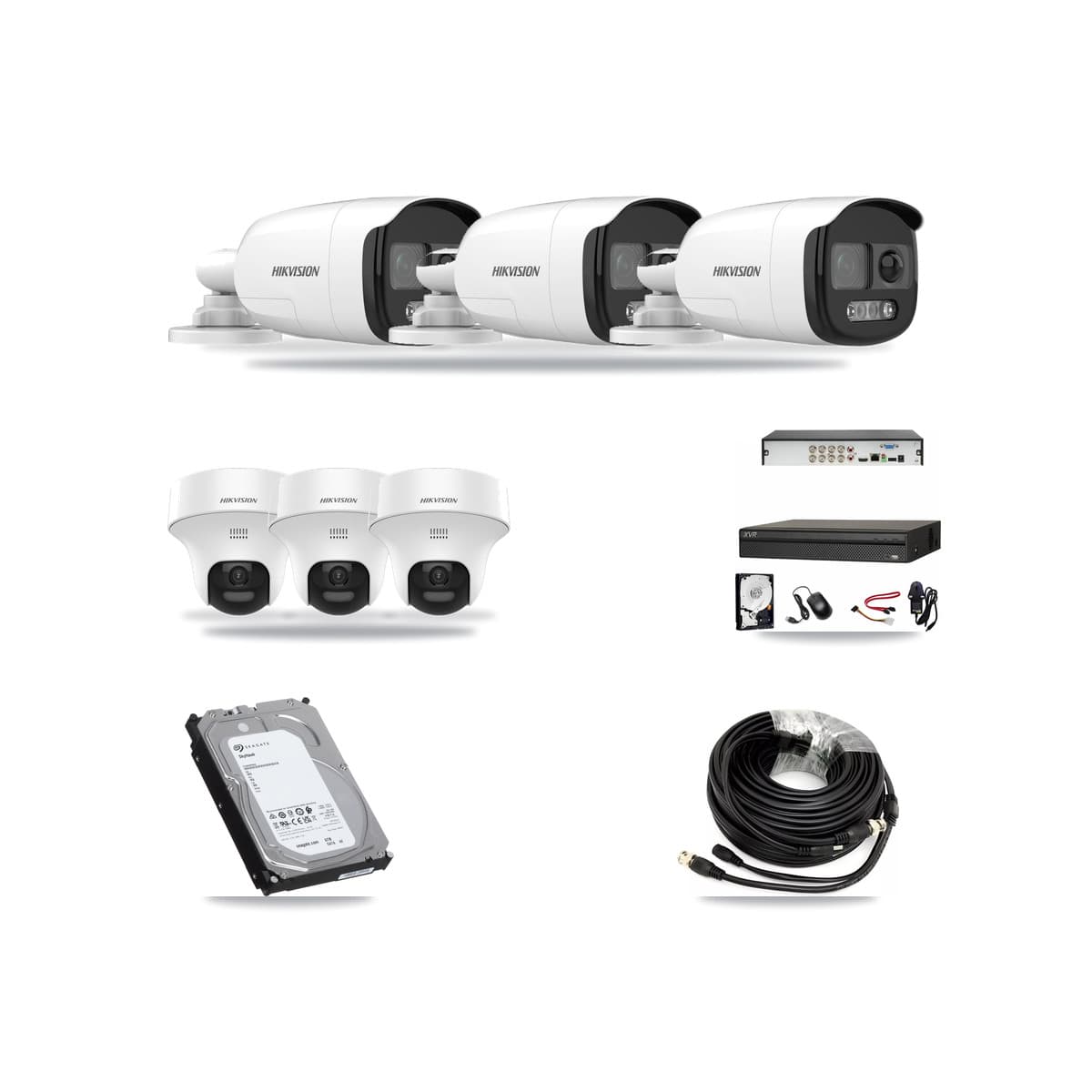 Hikvision & Dahua 8-Channel 5MP CCTV Kit — 3 DS-2CE12KF3T Bullet + 3 DS-2CE70K0T Turret Cameras + 6TB Recording - Image 1