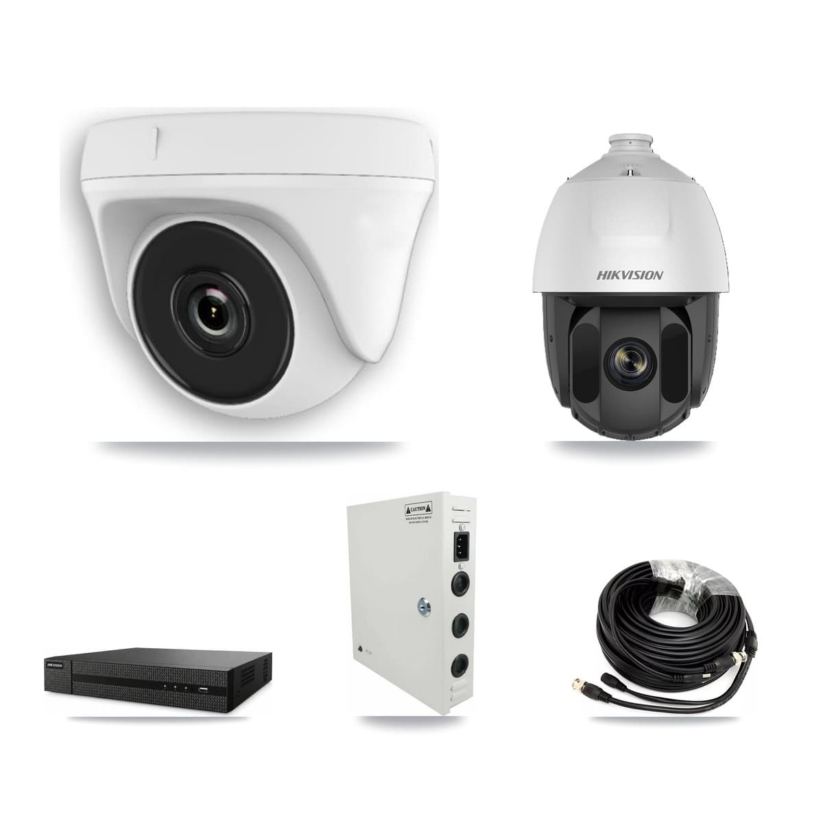 Hikvision 8-Channel 2MP CCTV Kit — 1 DS-2AE5225TI PTZ + 3 White HDT-2MP-N20W Dome Cameras + 3TB Recording (DVR-8CH Recorder)